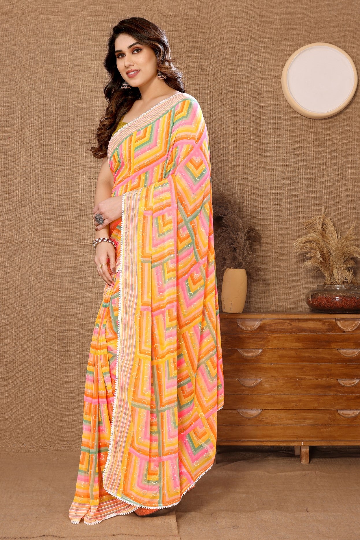 Yellow Georgette Ready-to-Wear Printed Saree with Lace