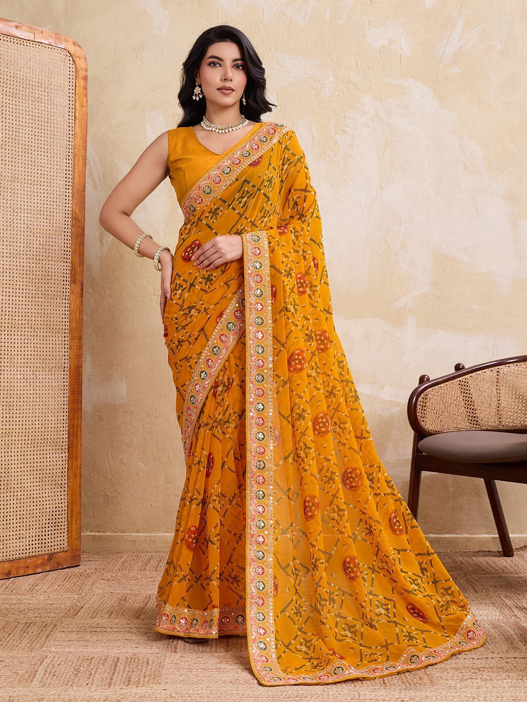 Yellow Georgette Saree With Embroidery Premium Traditional Saree