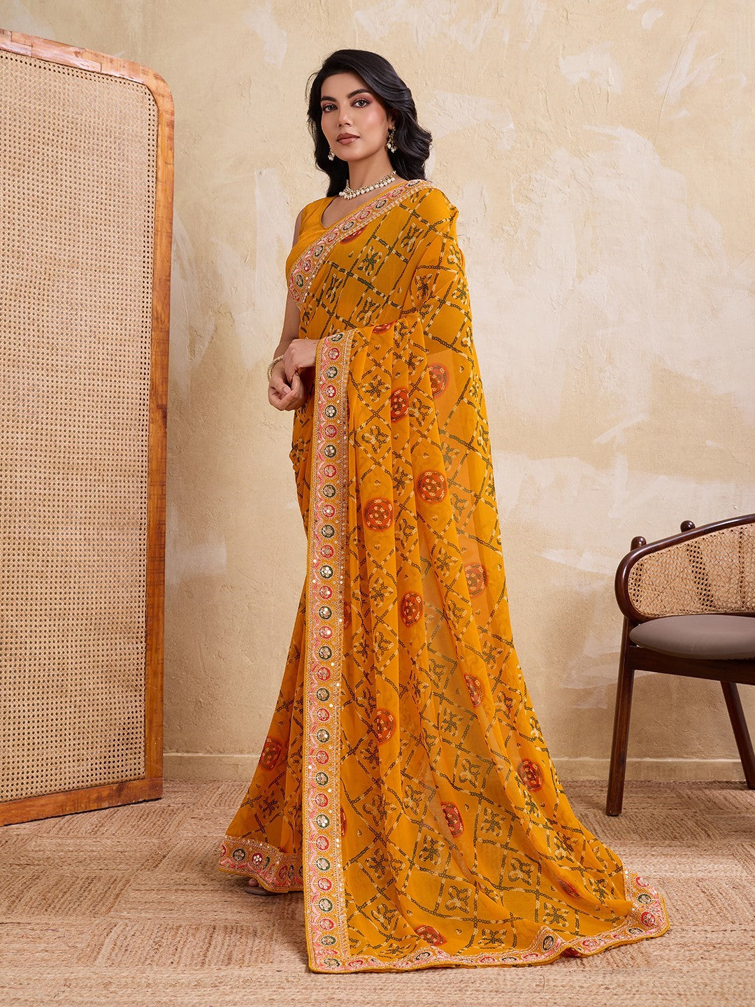 Yellow Georgette Saree With Embroidery Premium Traditional Saree