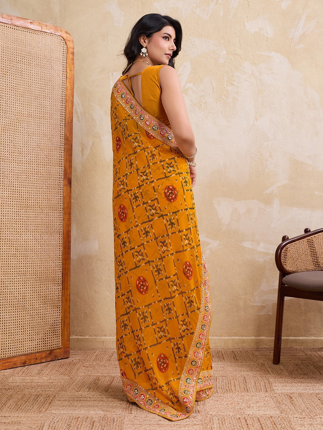 Yellow Georgette Saree With Embroidery Premium Traditional Saree