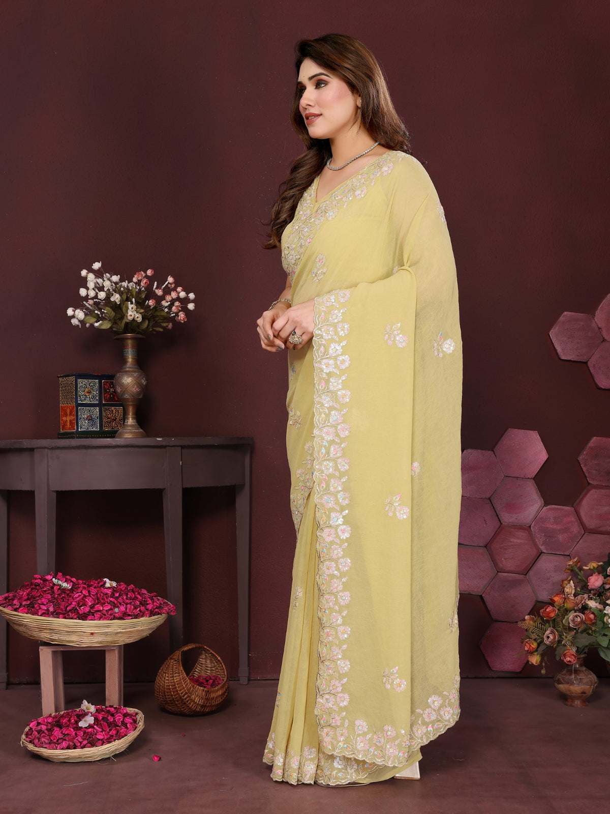 Yellow Georgette Saree With Embroidery Work And Designer Blouse