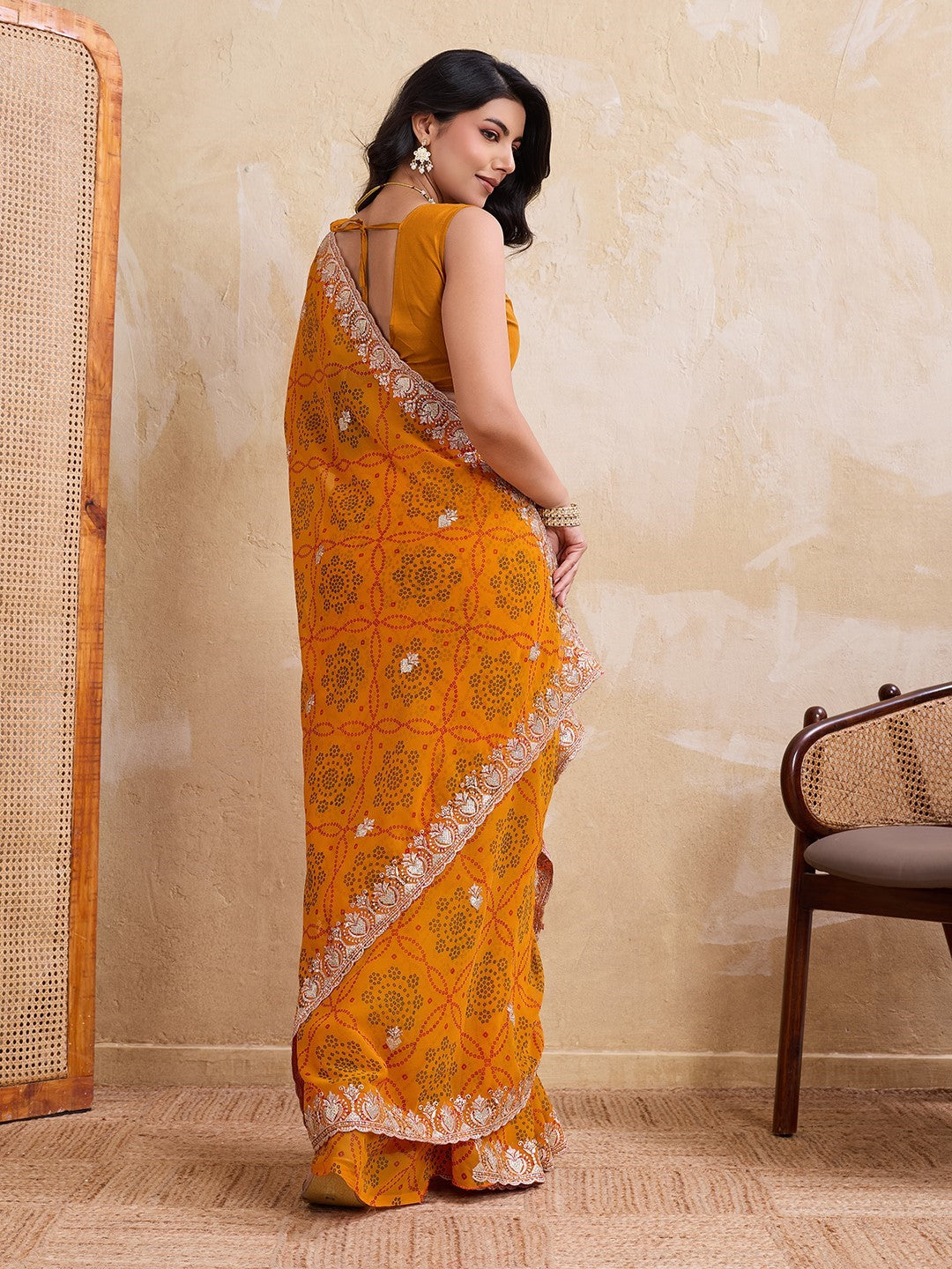 Yellow Georgette Saree With Printed Classic Elegant Saree
