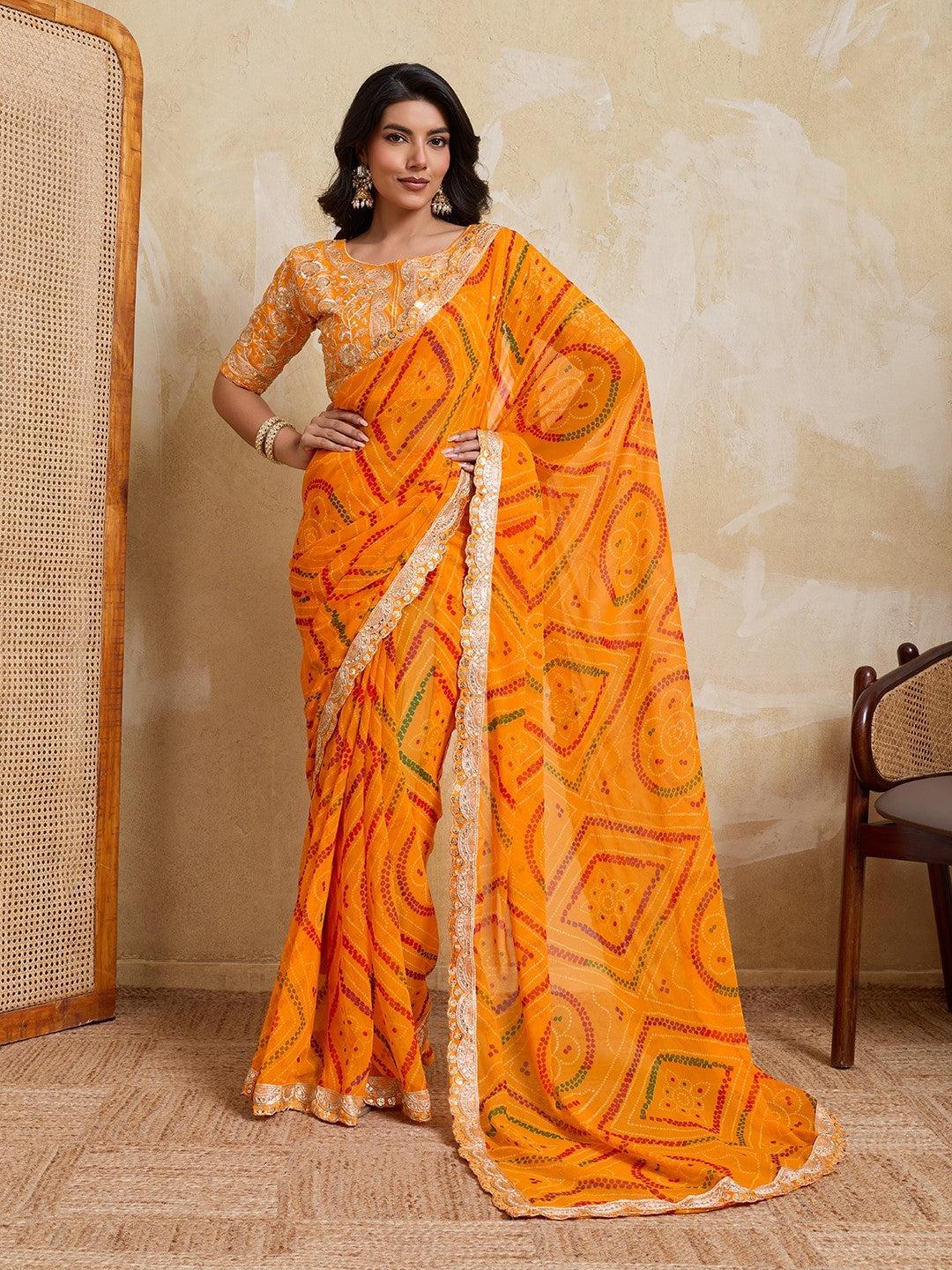 Yellow Georgette Saree With Printed Festive Traditional Saree