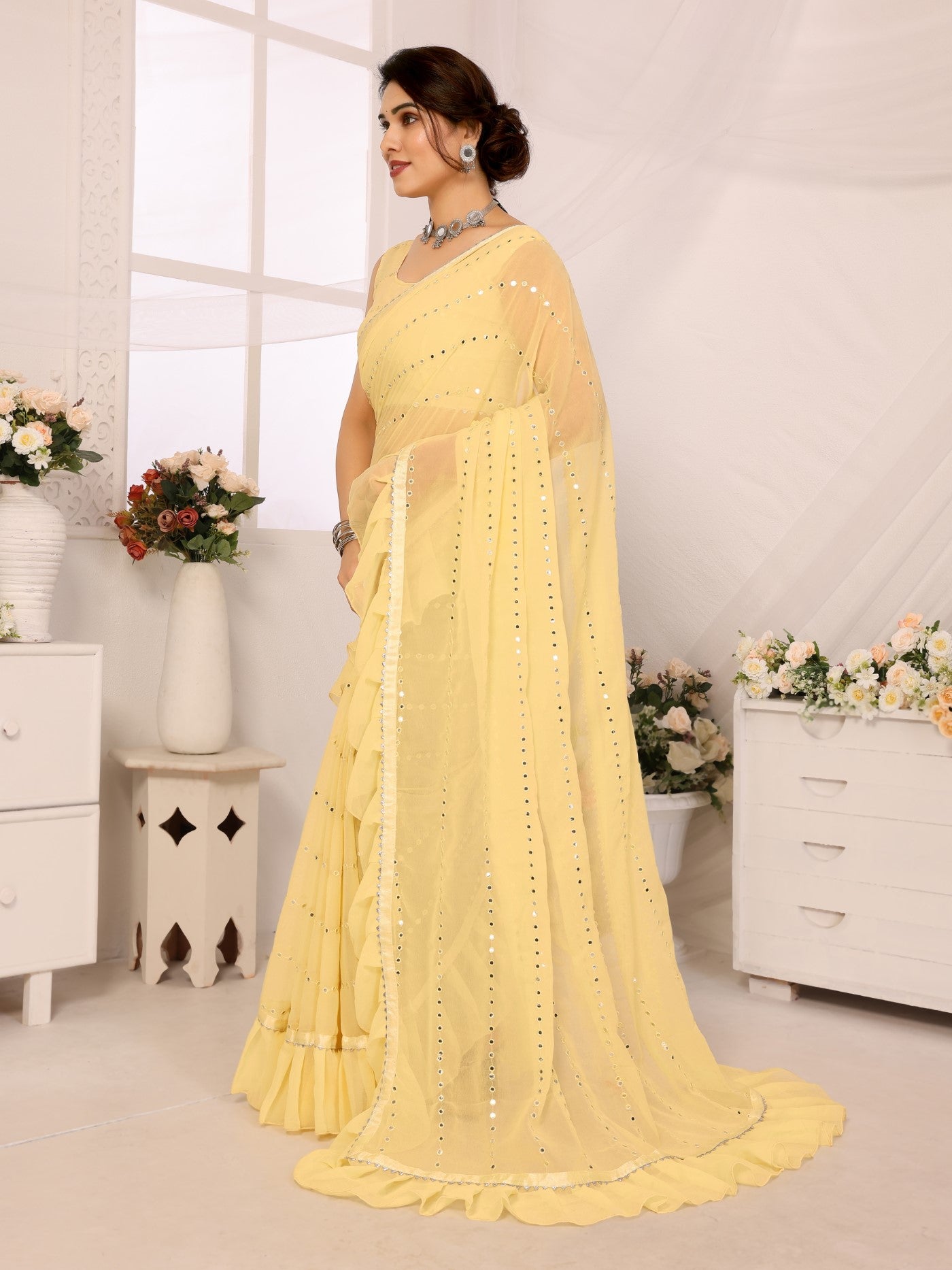 Yellow Georgette Saree With Ruffle Saree With Mirror Work With Mirror Work Blouse