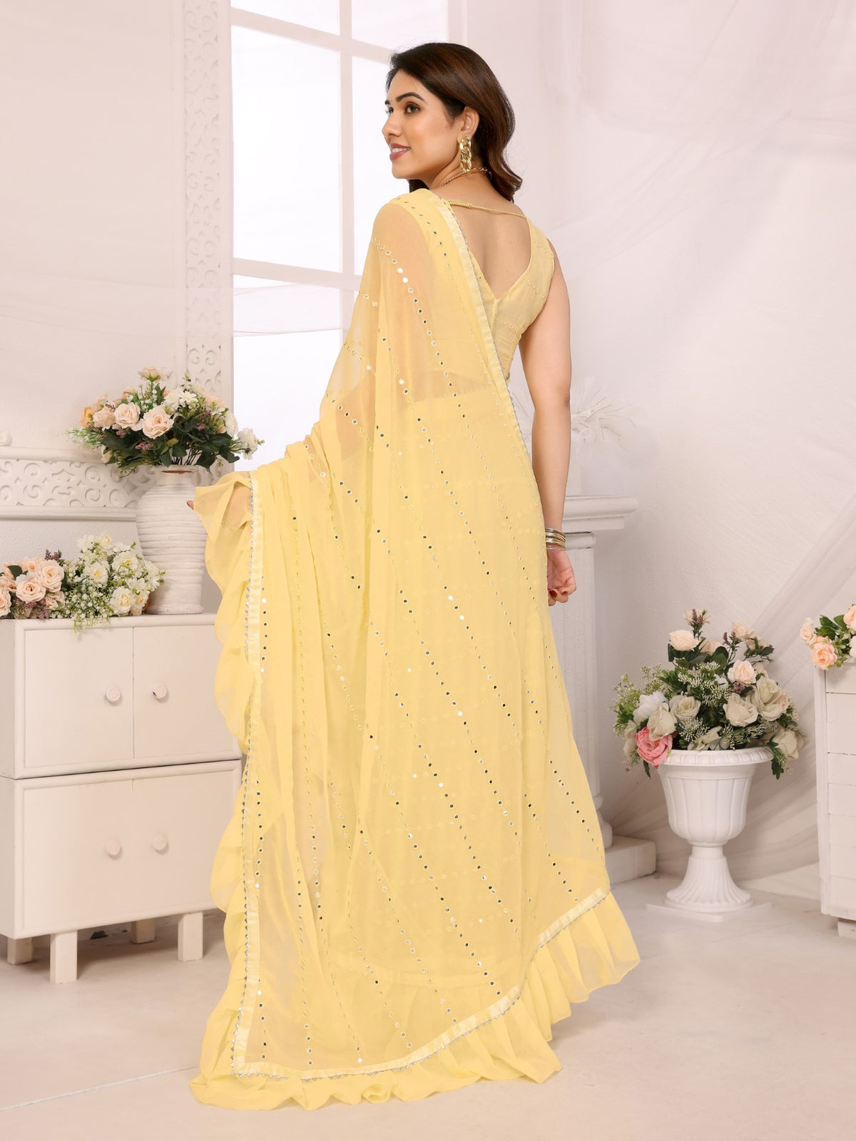 Yellow Georgette Saree With Ruffle Saree With Mirror Work With Mirror Work Blouse