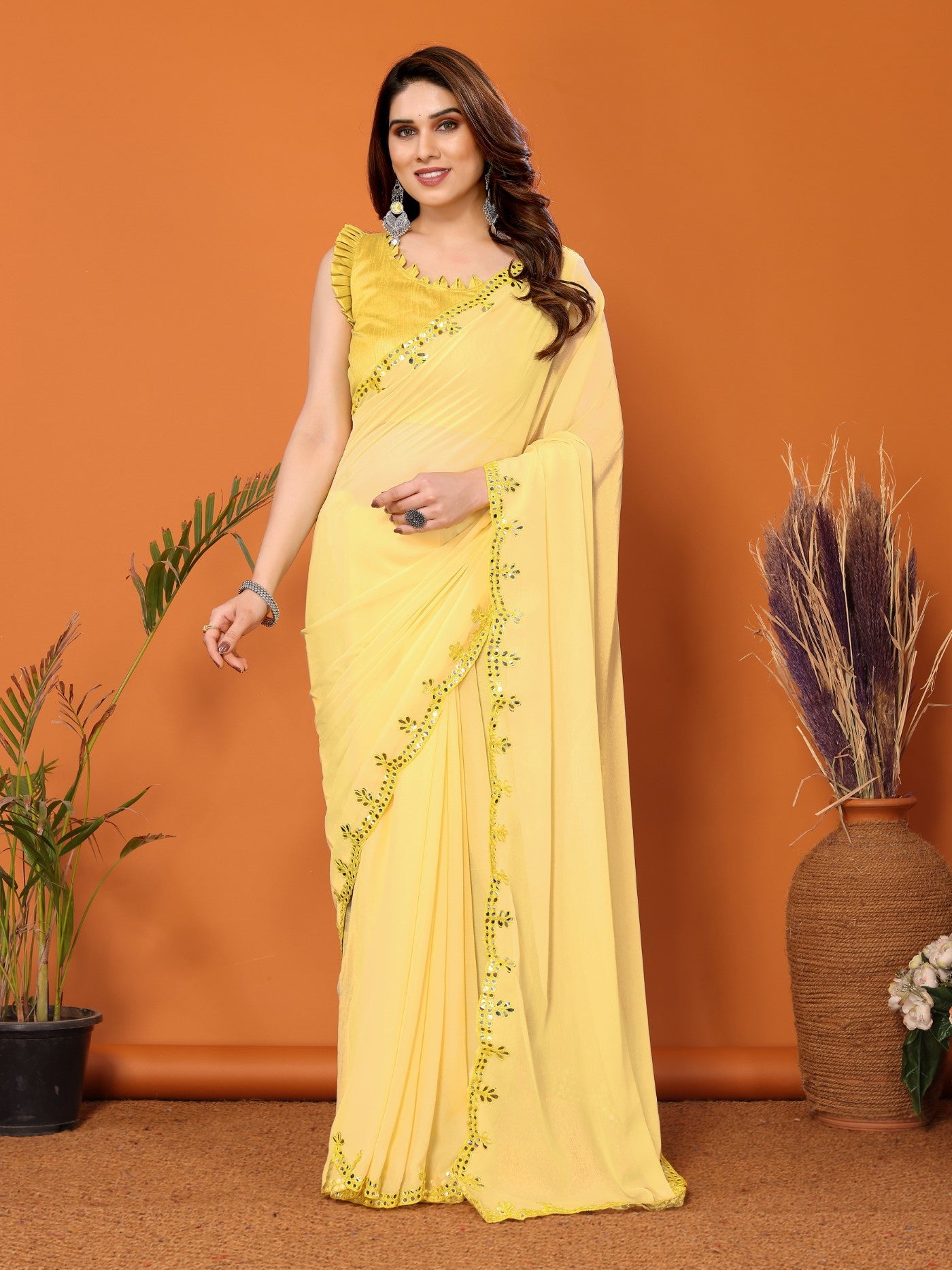 Yellow Georgette Saree with Mirror Work