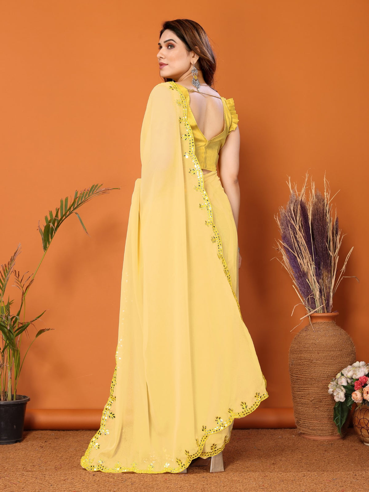 Yellow Georgette Saree with Mirror Work