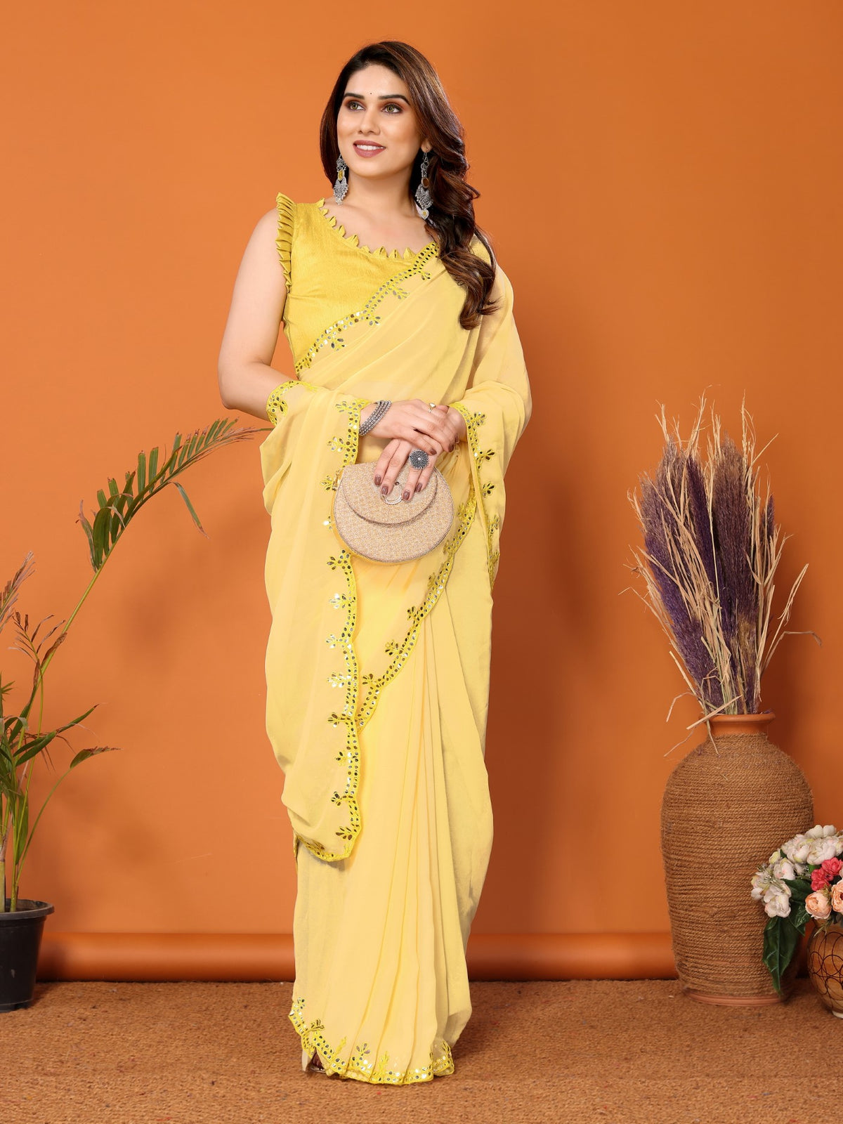 Yellow Georgette Saree with Mirror Work