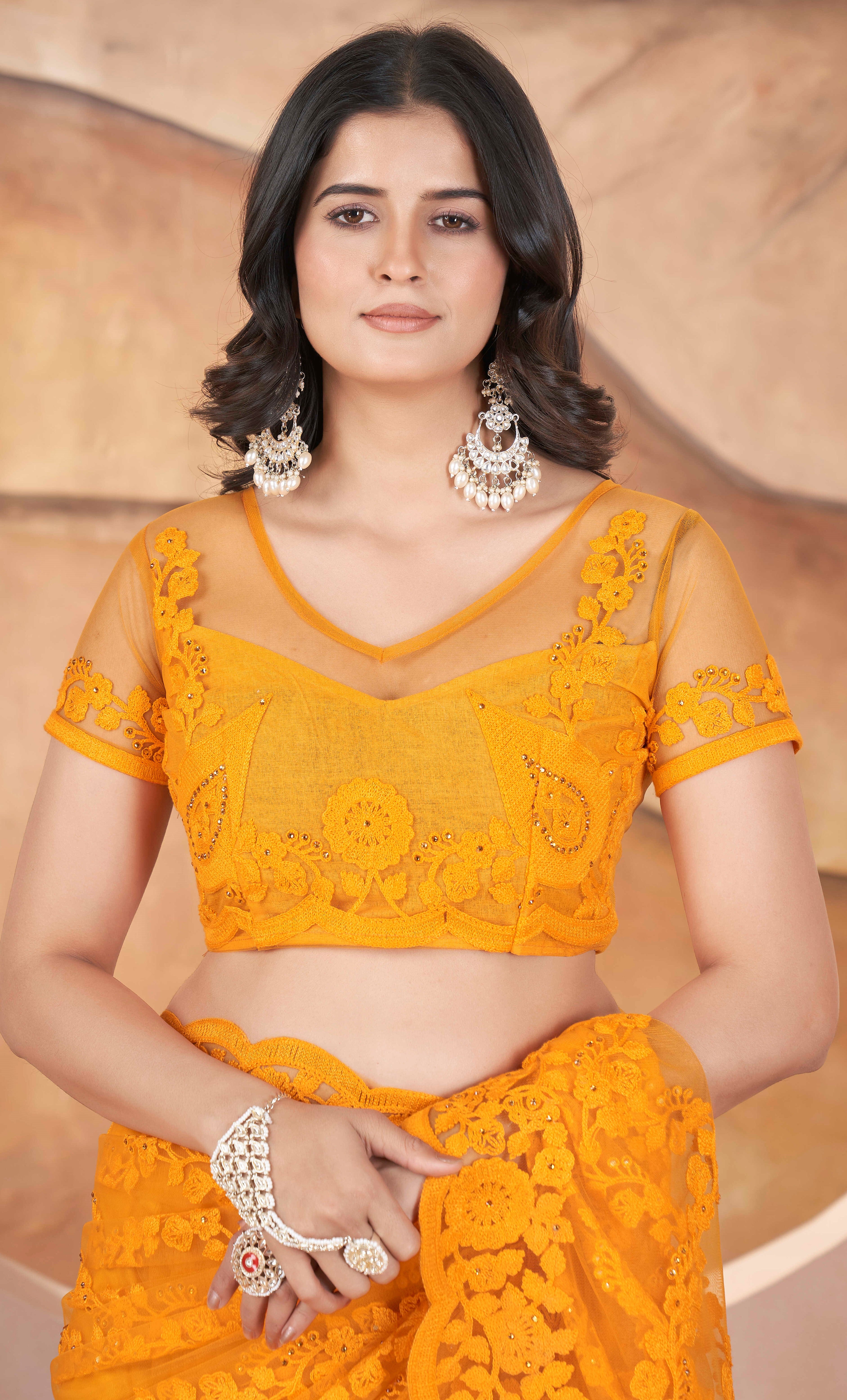 Yellow Girlie Butterfly Net Tone To Tone Thread Embroidery With Stone Work Saree