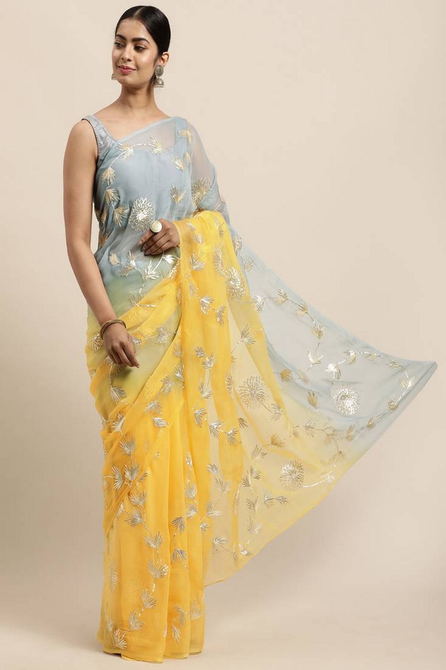 Yellow Girlie Organza Designer Gota Patti Work Traditional Rich Saree