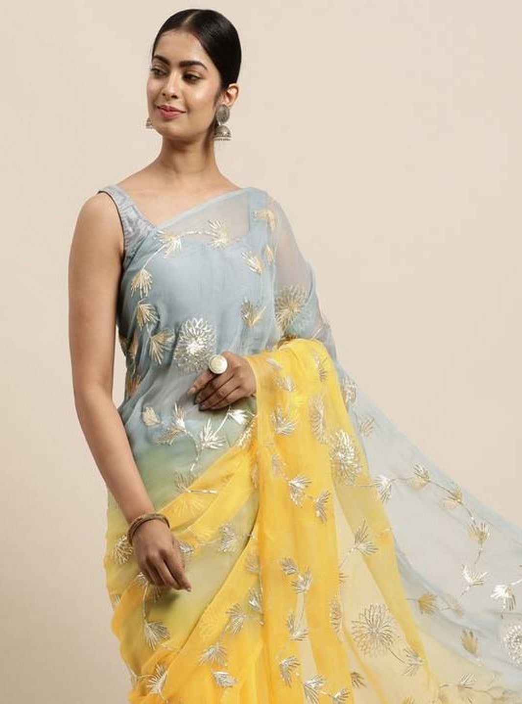 Yellow Girlie Organza Designer Gota Patti Work Traditional Rich Saree