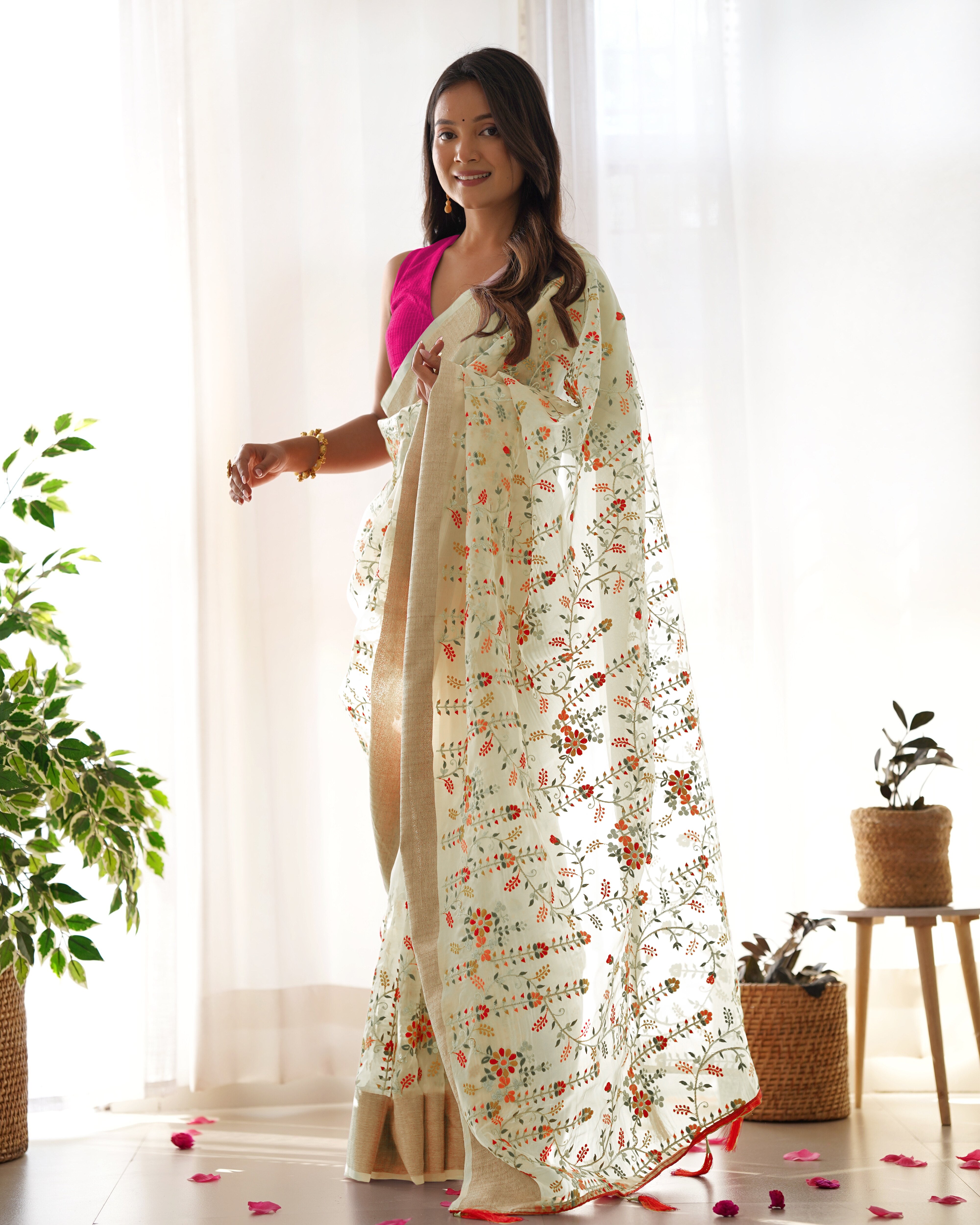 Yellow Girlie Organza Saree With Beautiful Resham Embroidery Work