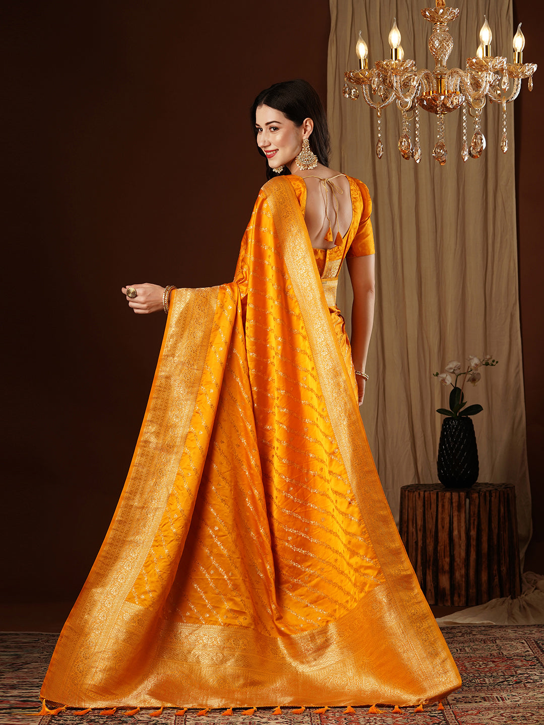 Yellow Glamorous Jacquard Designer Satin Silk Saree
