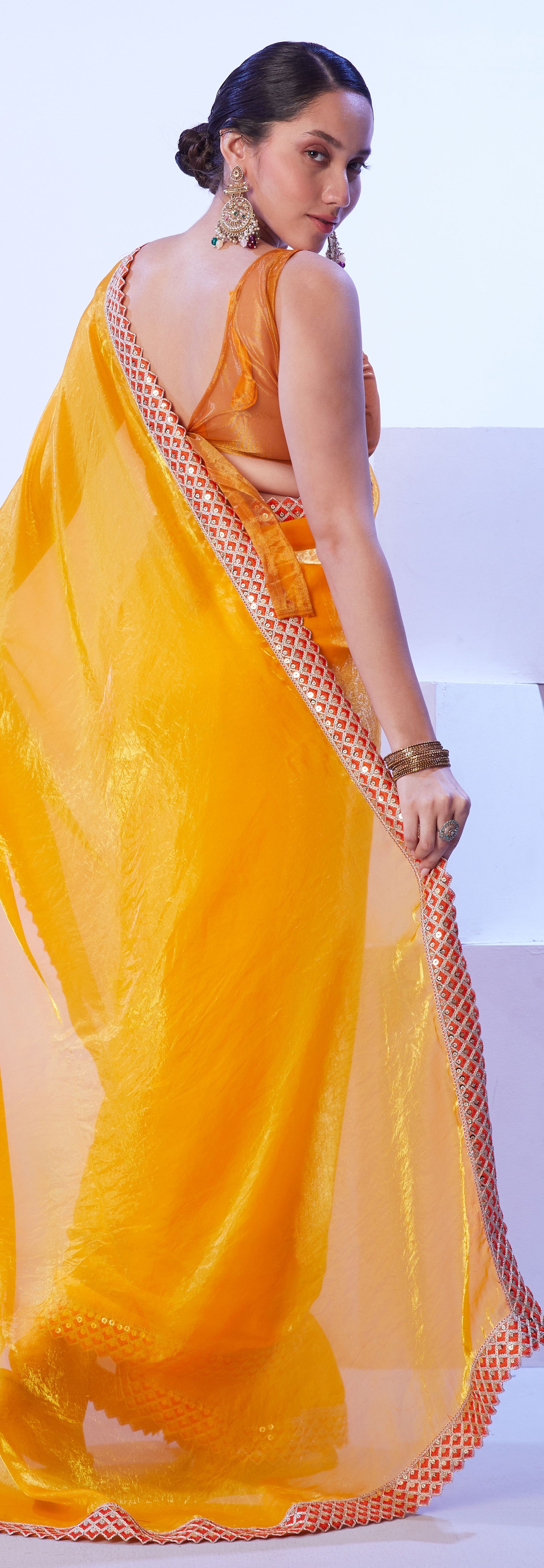 Yellow Glamorous Satin Jimmy Choo Stylish Girlie Ceremonial Saree