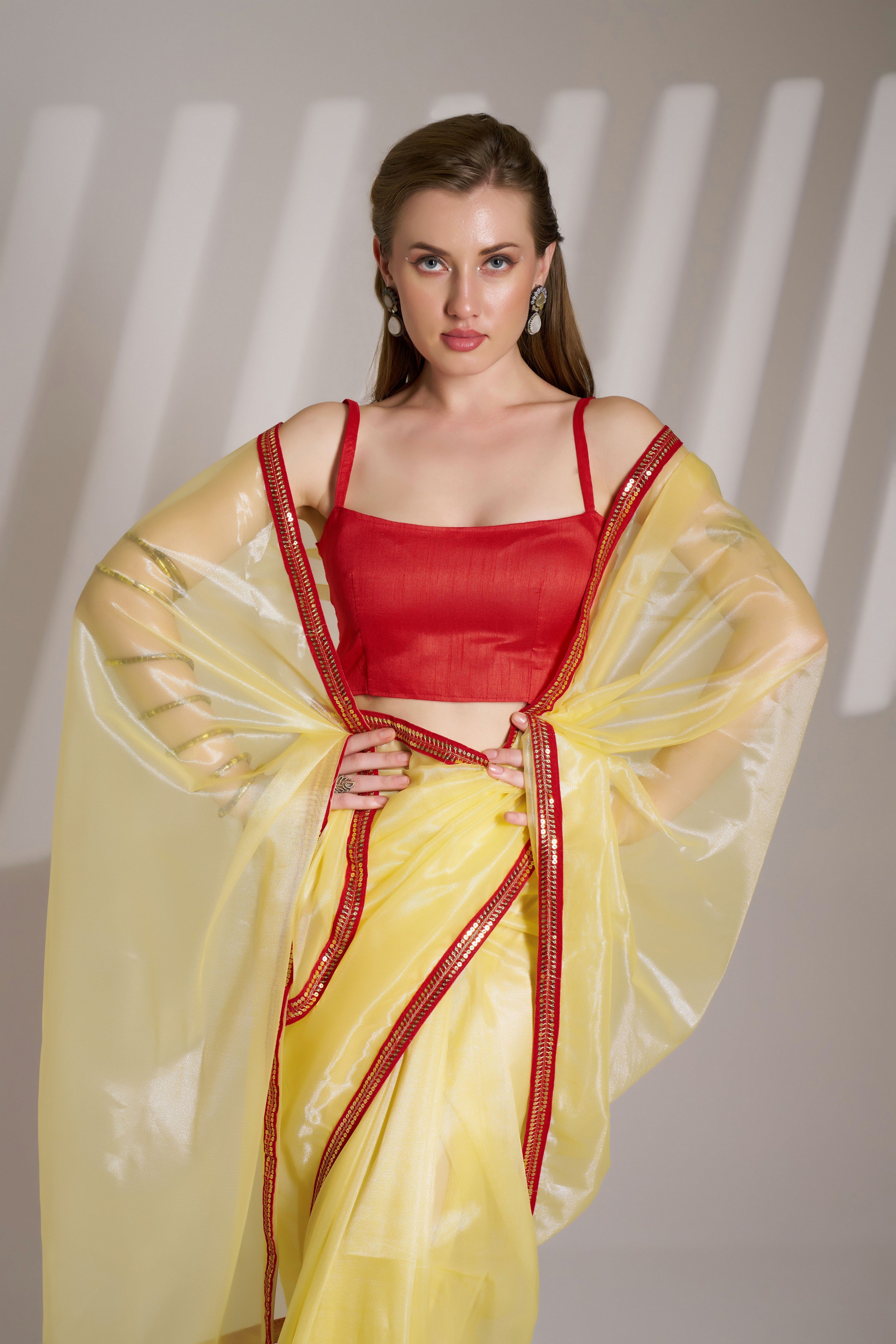 Yellow Glamorous Twill Net Solid Designer Partywear Saree