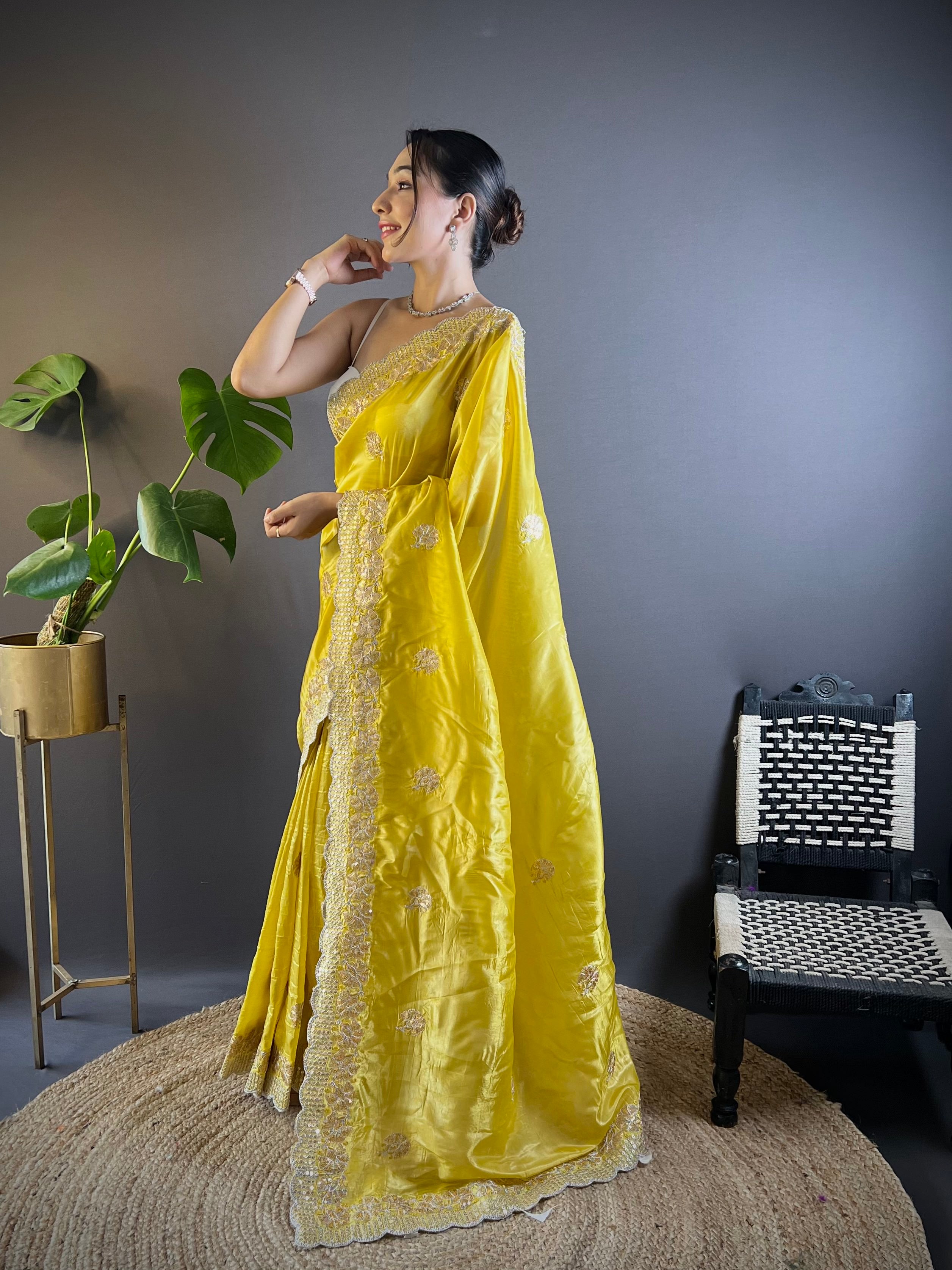 Yellow Gold Crunchy Saree With Sequins Embroidery And Cut Work