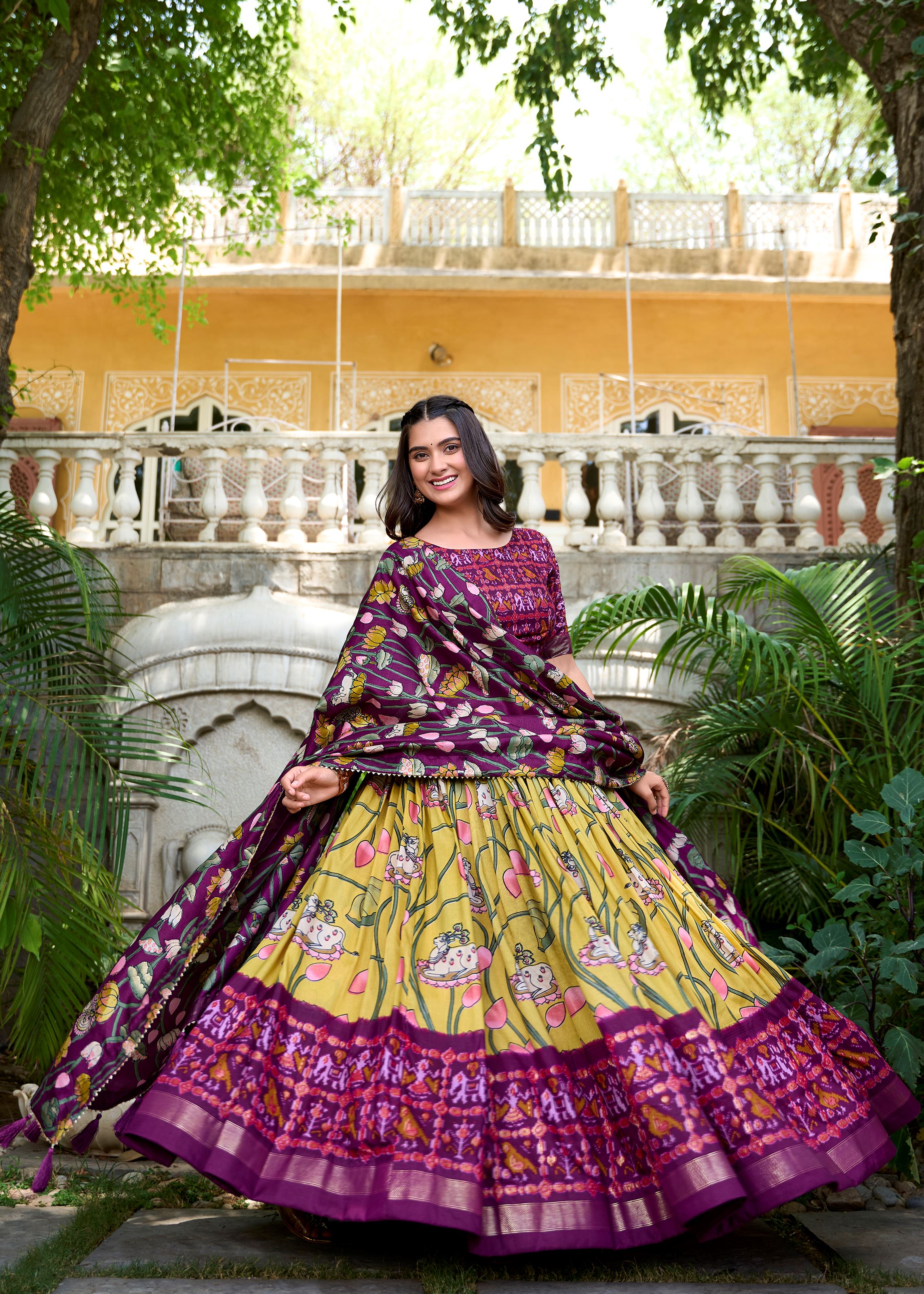Yellow Grace Tussar Silk Patola Print Lehenga