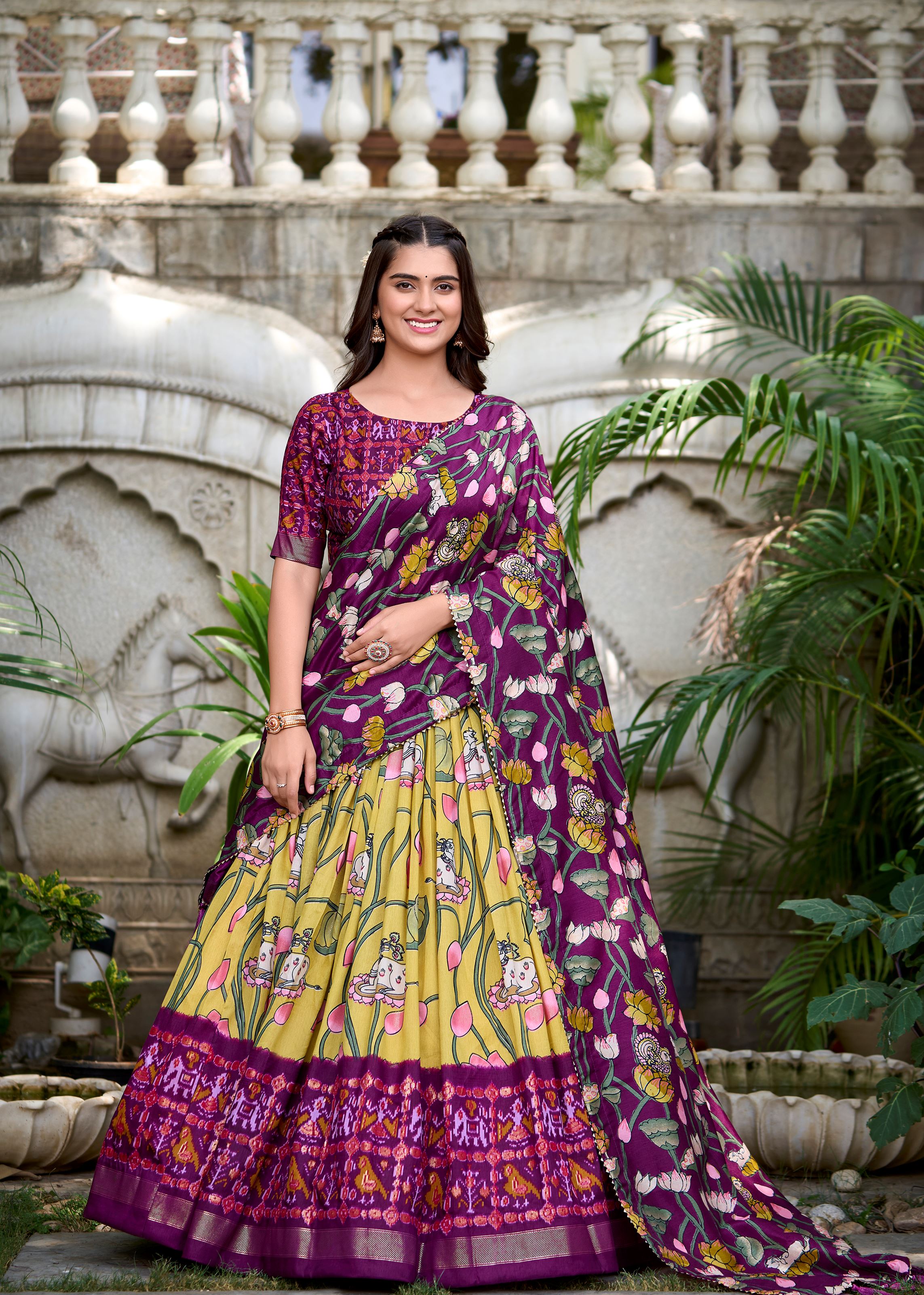 Yellow Grace Tussar Silk Patola Print Lehenga