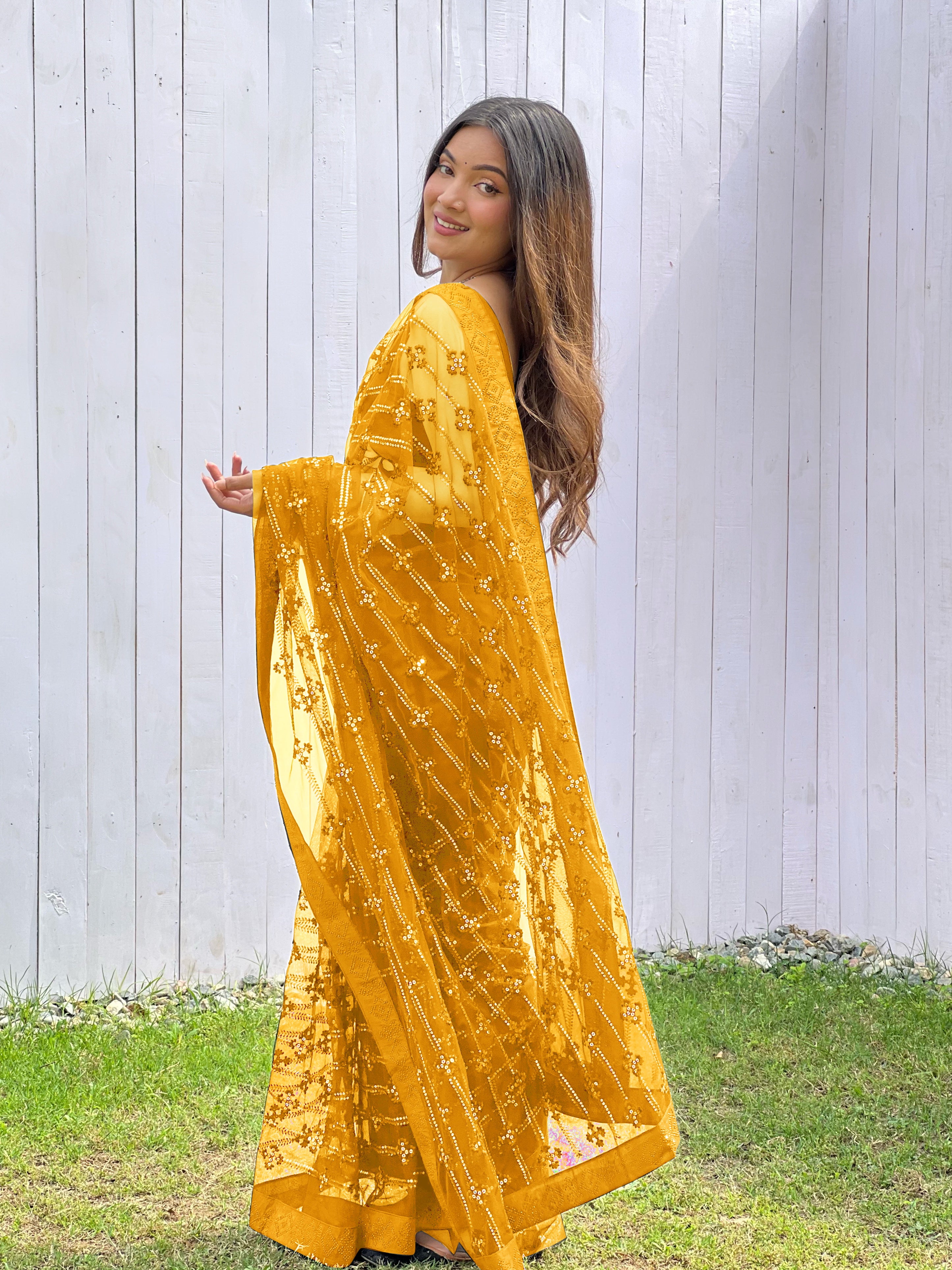 Yellow Graceful Butterfly Net Sequins Embroidery Saree With Diamond Work
