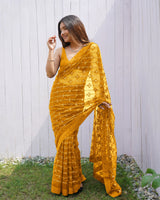 Yellow Graceful Butterfly Net Sequins Embroidery Saree With Diamond Work