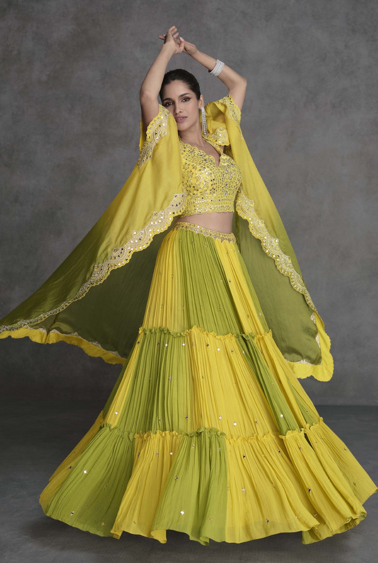 Yellow Green Georgette Lehenga Choli With Mirror Work Jacket
