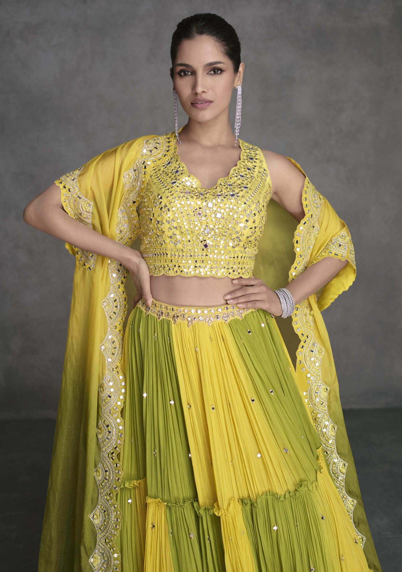Yellow Green Georgette Lehenga Choli With Mirror Work Jacket