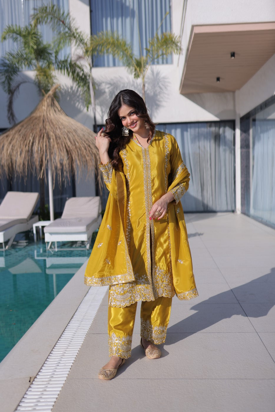 Yellow H O Silk Designer Suit Set With Sequin & Zari Embroidery