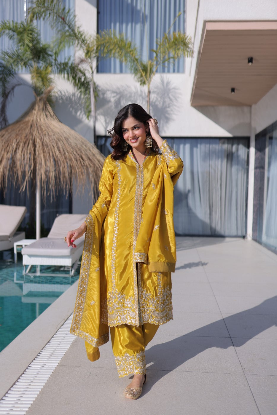 Yellow H O Silk Designer Suit Set With Sequin & Zari Embroidery