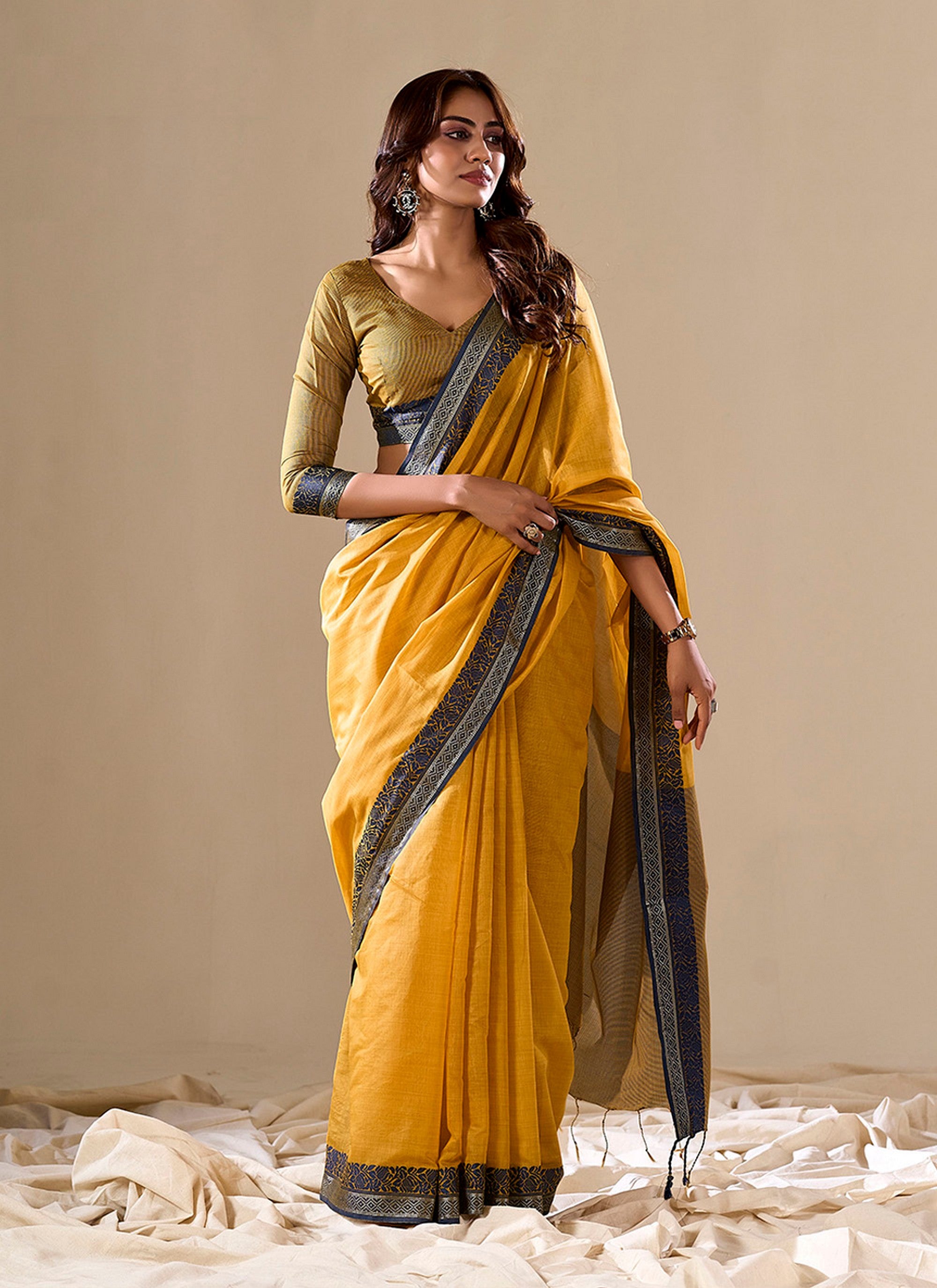 Yellow Handloom Silk Woven Pallu Border Designer Ethnic Traditional Saree