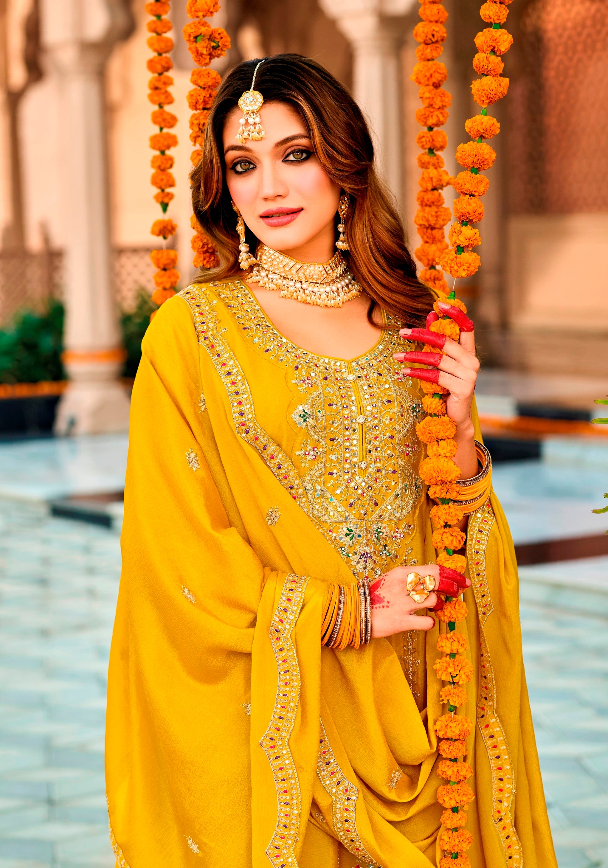 Yellow Heavy Designer Suit With Heavy Embroidery Work