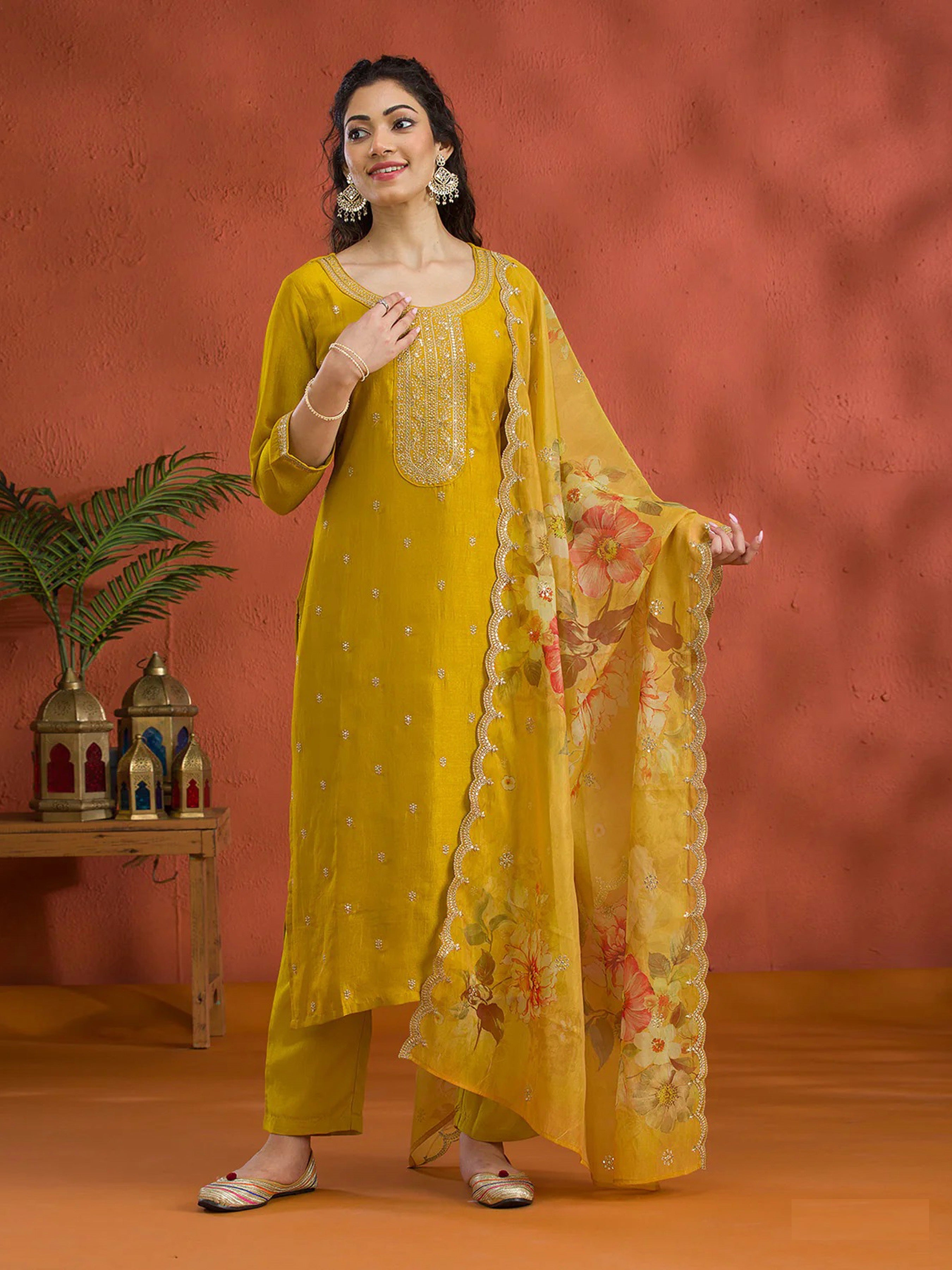 Yellow Heavy Designer Suit With Heavy Embroidery Work