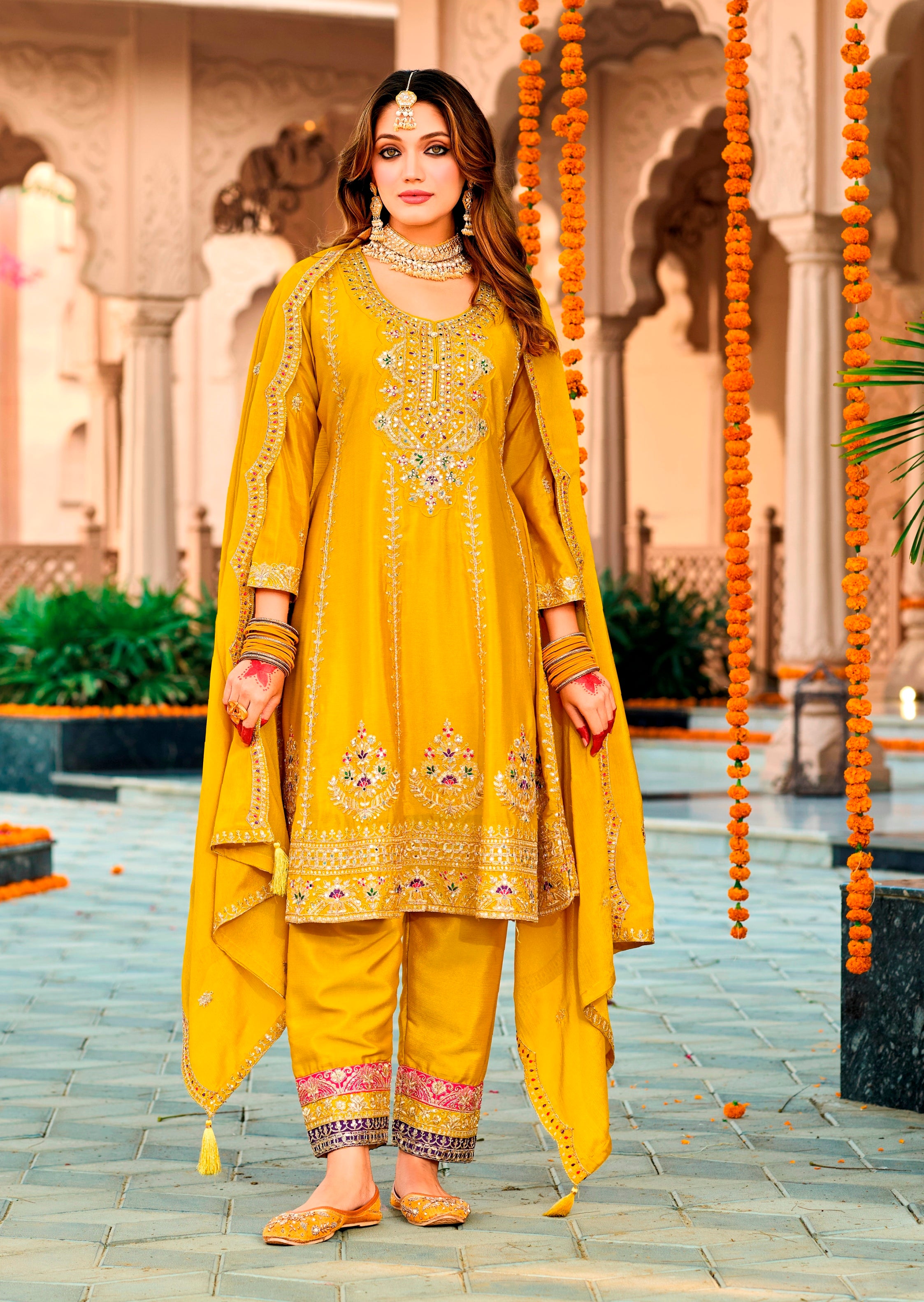 Yellow Heavy Designer Suit With Heavy Embroidery Work
