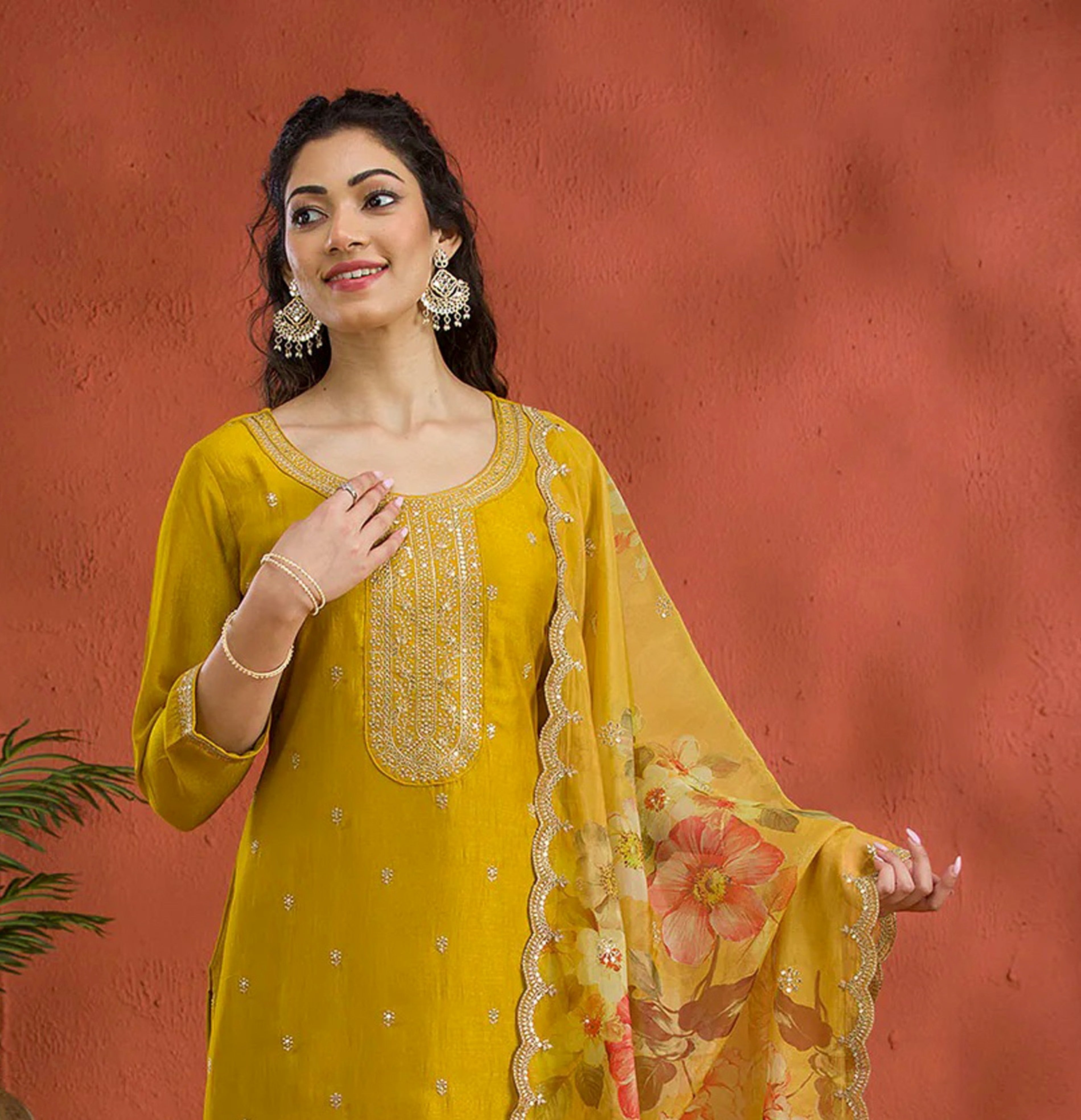Yellow Heavy Designer Suit With Heavy Embroidery Work