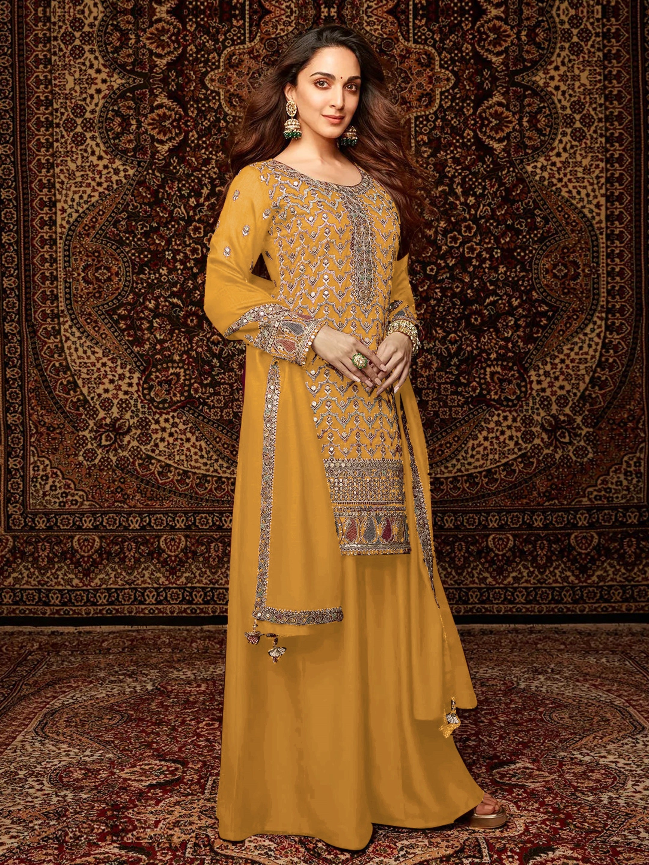 Yellow Heavy Designer Suit With Heavy Embroidery Work
