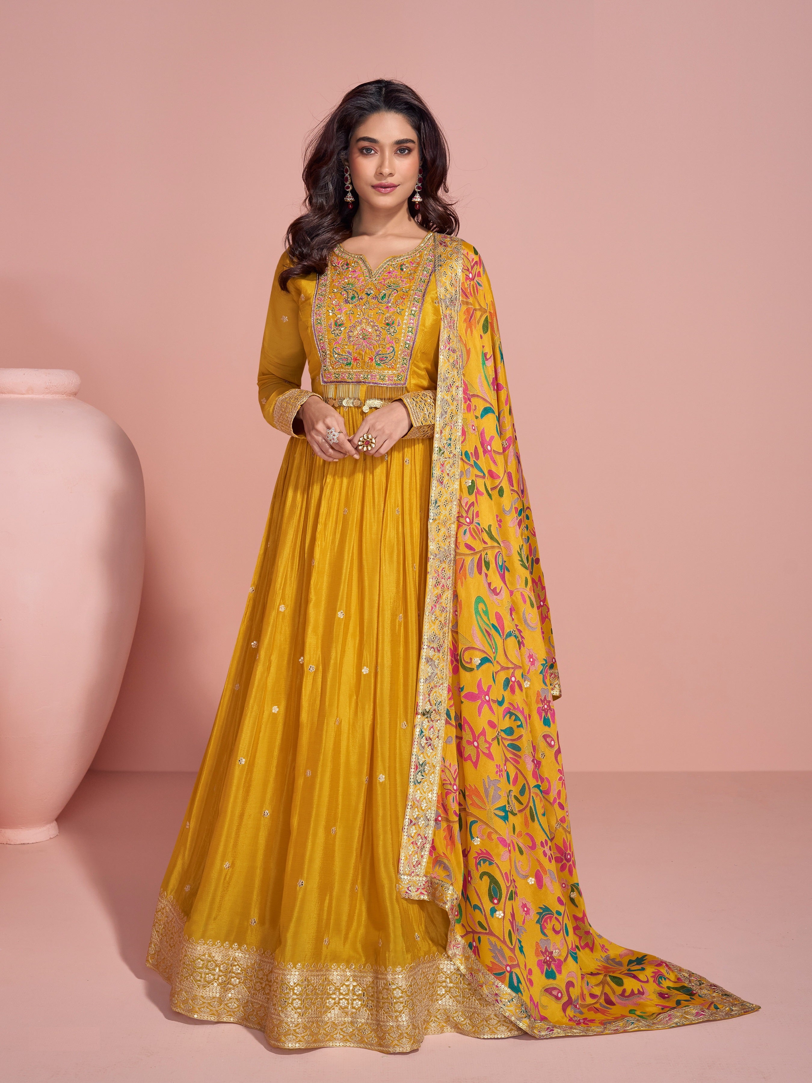 Yellow Heavy Designer Suit With Heavy Embroidery Work