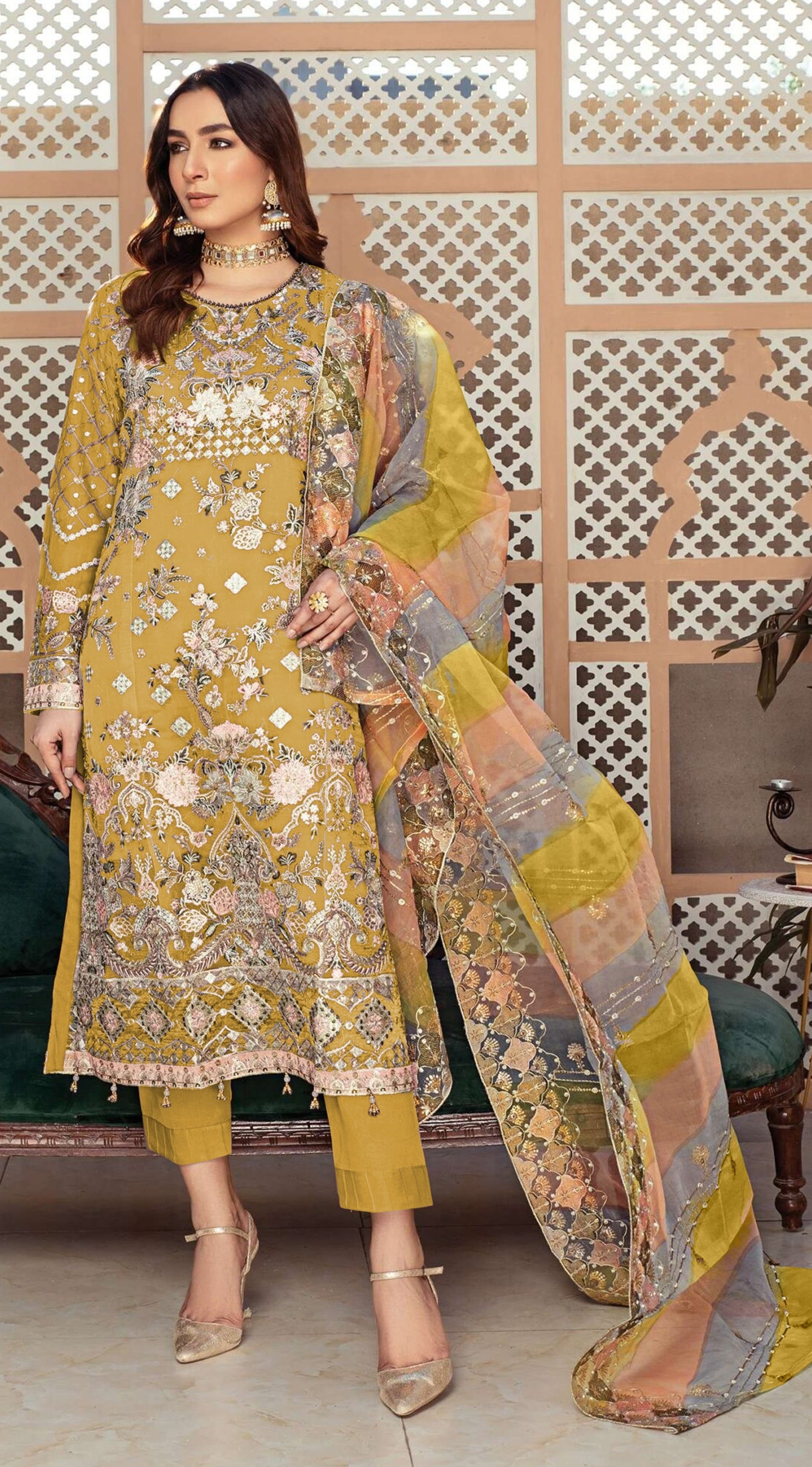 Yellow Heavy Designer Suit With Heavy Embroidery Work