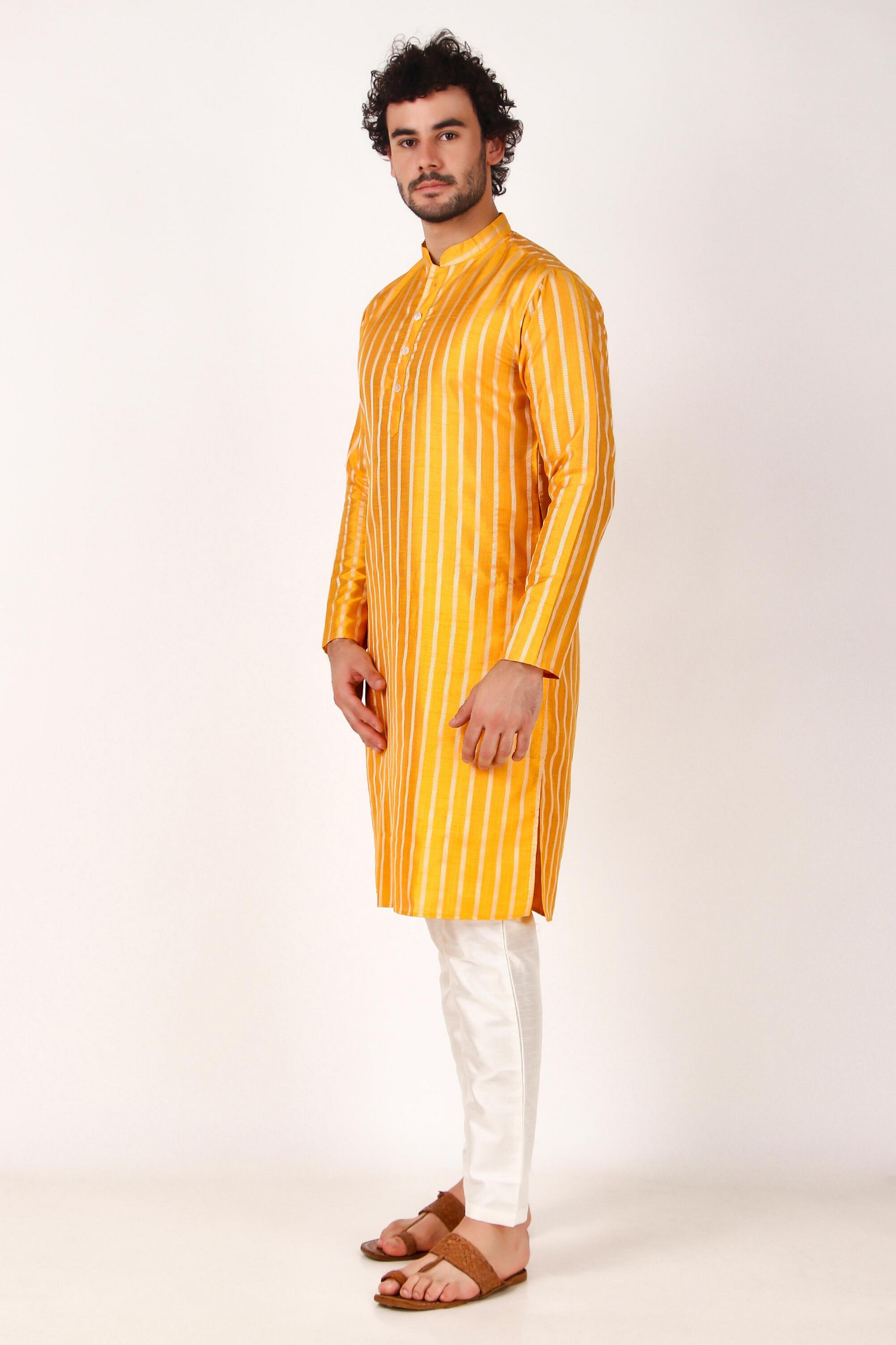 Yellow Jacquard Silk Kurta Payjama – Stylish Festive Wear for Men