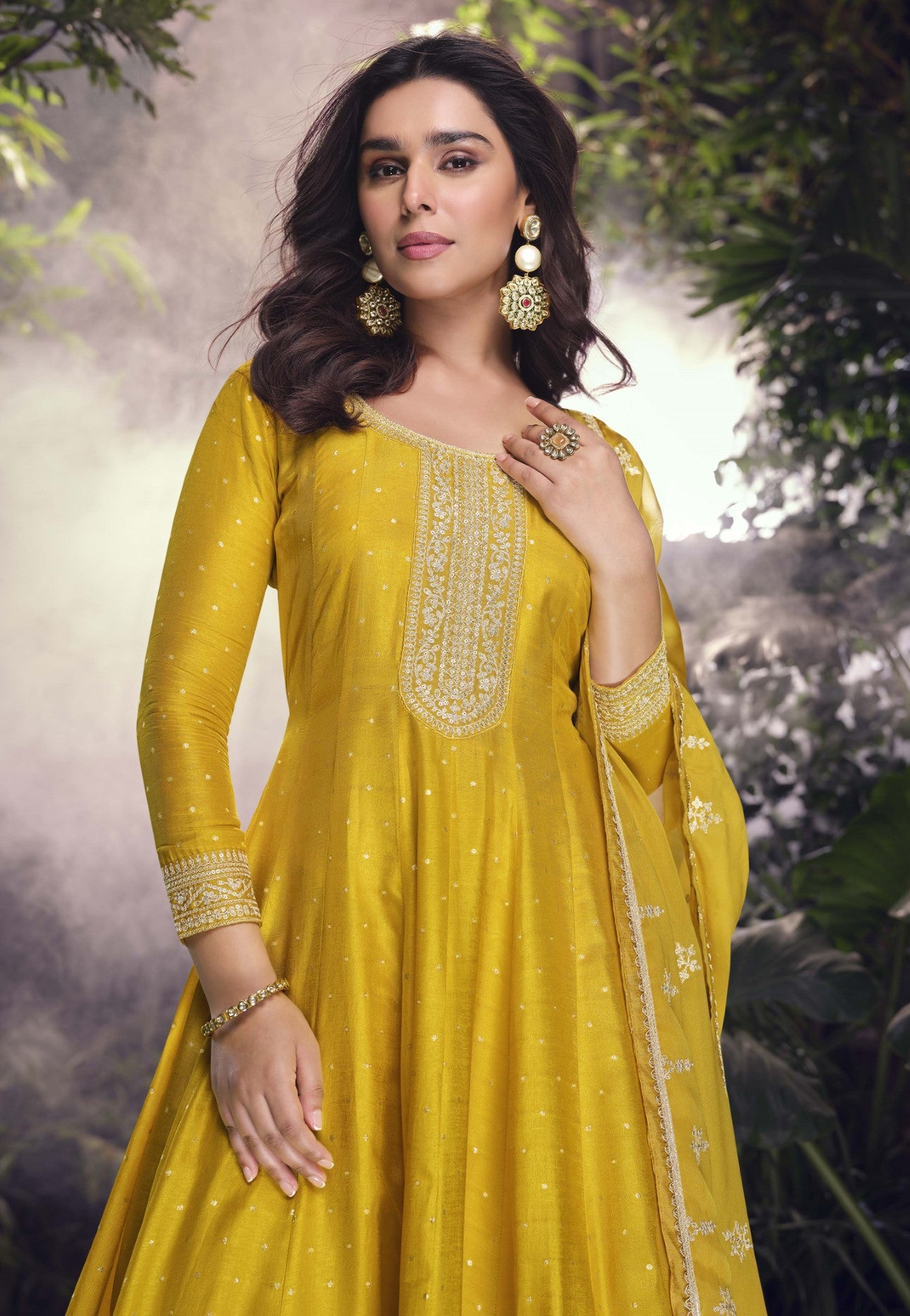 Yellow Jacquard Silk Palazzo Suit With Sequin Embroidery