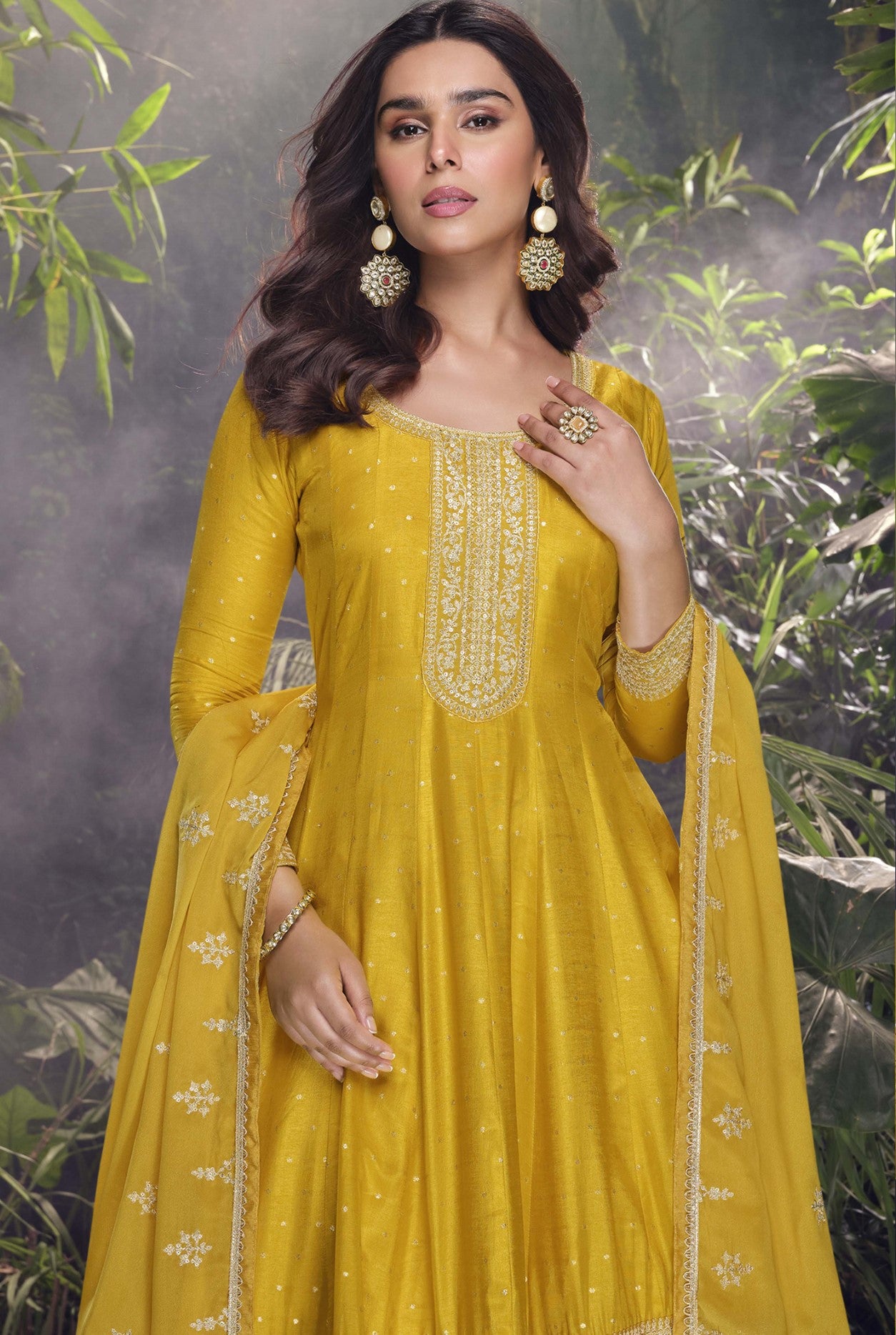 Yellow Jacquard Silk Palazzo Suit With Sequin Embroidery