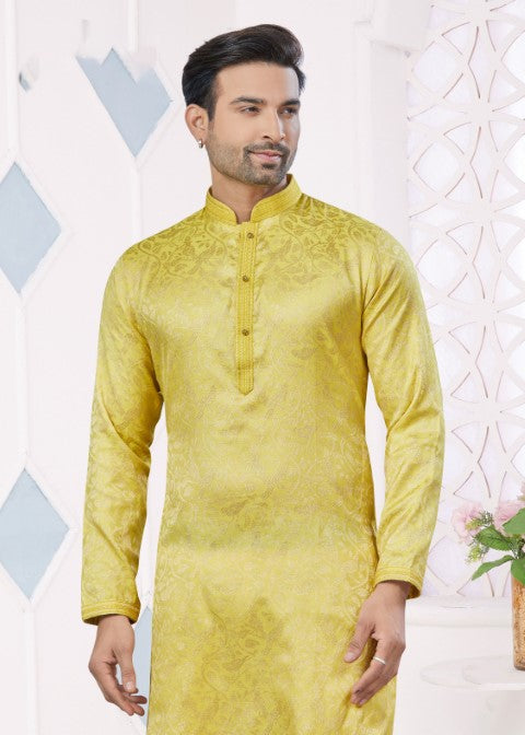 Yellow Jacquard Silk Pintex Jacquard Ethnic Festive Kurta Pajama