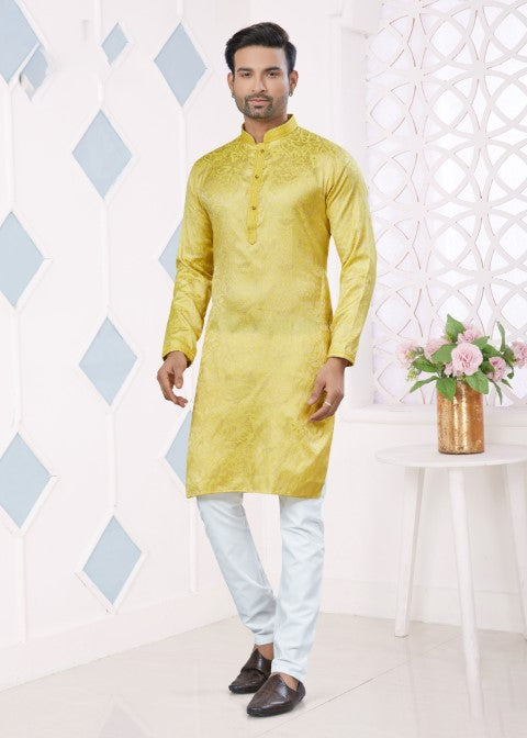 Yellow Jacquard Silk Pintex Jacquard Ethnic Festive Kurta Pajama