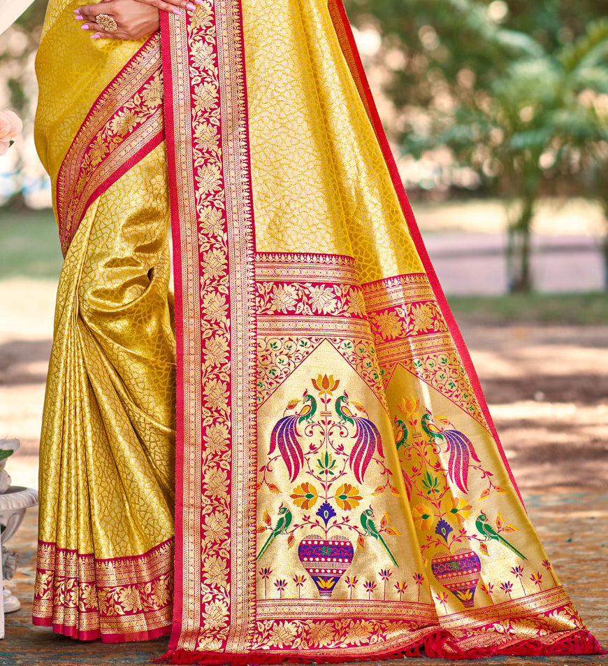 Yellow  Kanjivaram Silk Saree With Elegant Flow and Traditional Feel