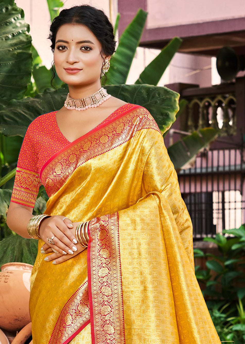 Yellow  Kanjivaram Silk Saree With Sophisticated Touch and Subtle Elegance