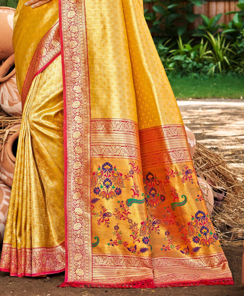 Yellow  Kanjivaram Silk Saree With Sophisticated Touch and Subtle Elegance