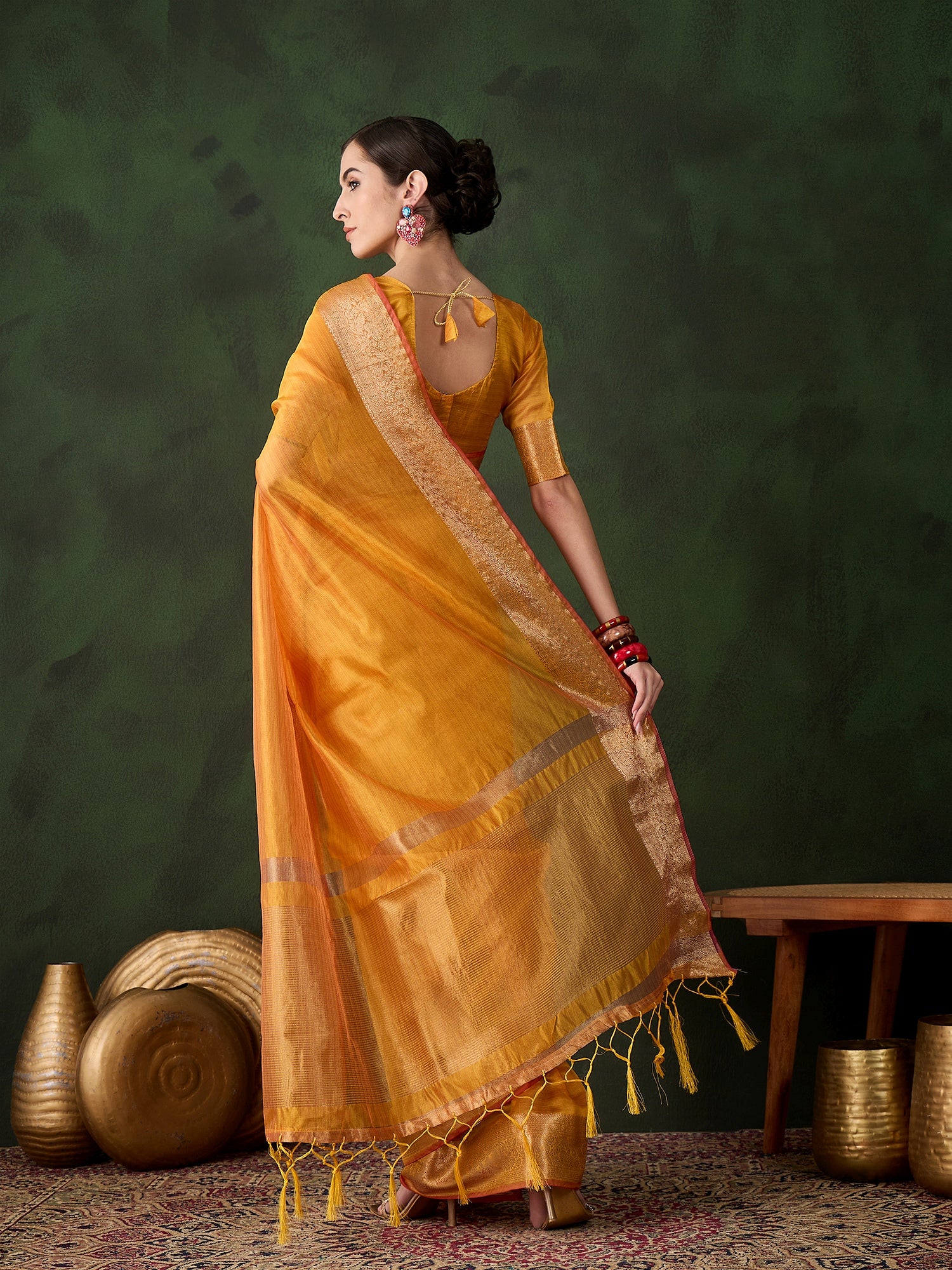 Yellow Khadi Organza Woven Jacquard Designer Traditional Festive Wear Saree