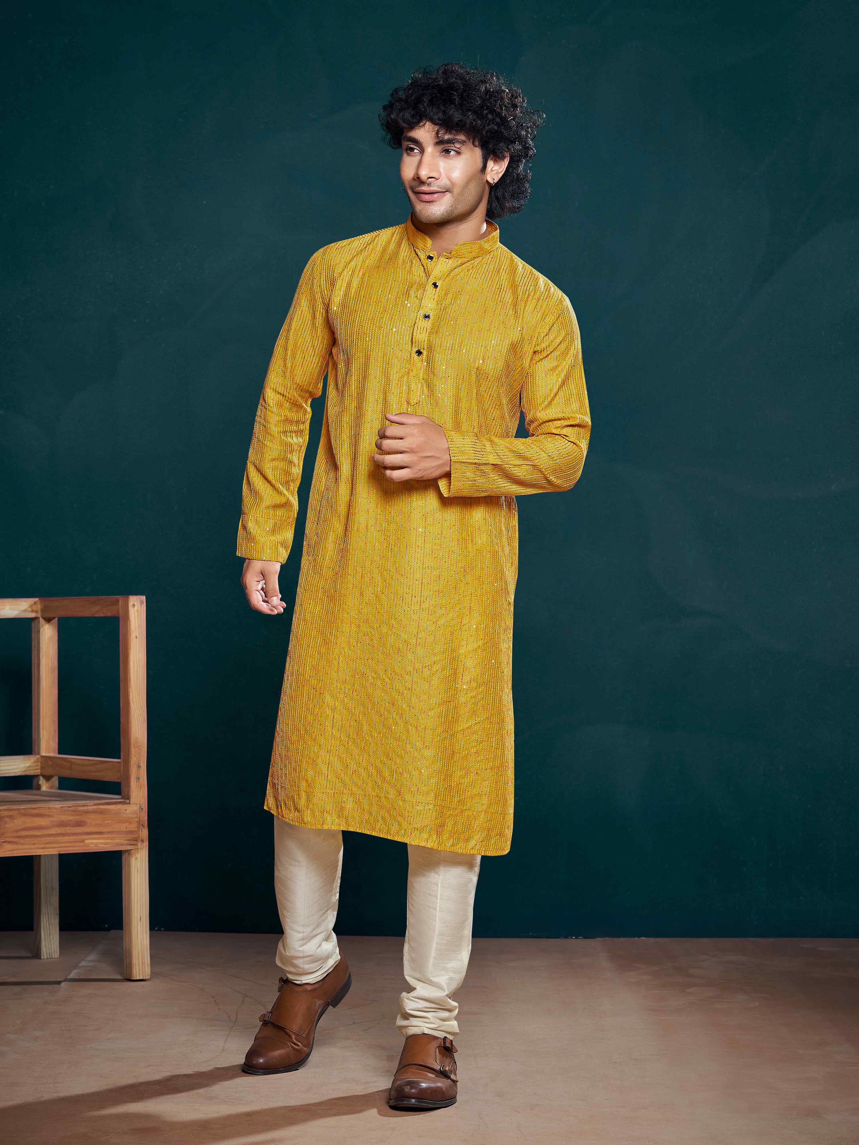 Yellow Kurta Payjama with Sequins Embroidery – Traditional with a Twist
