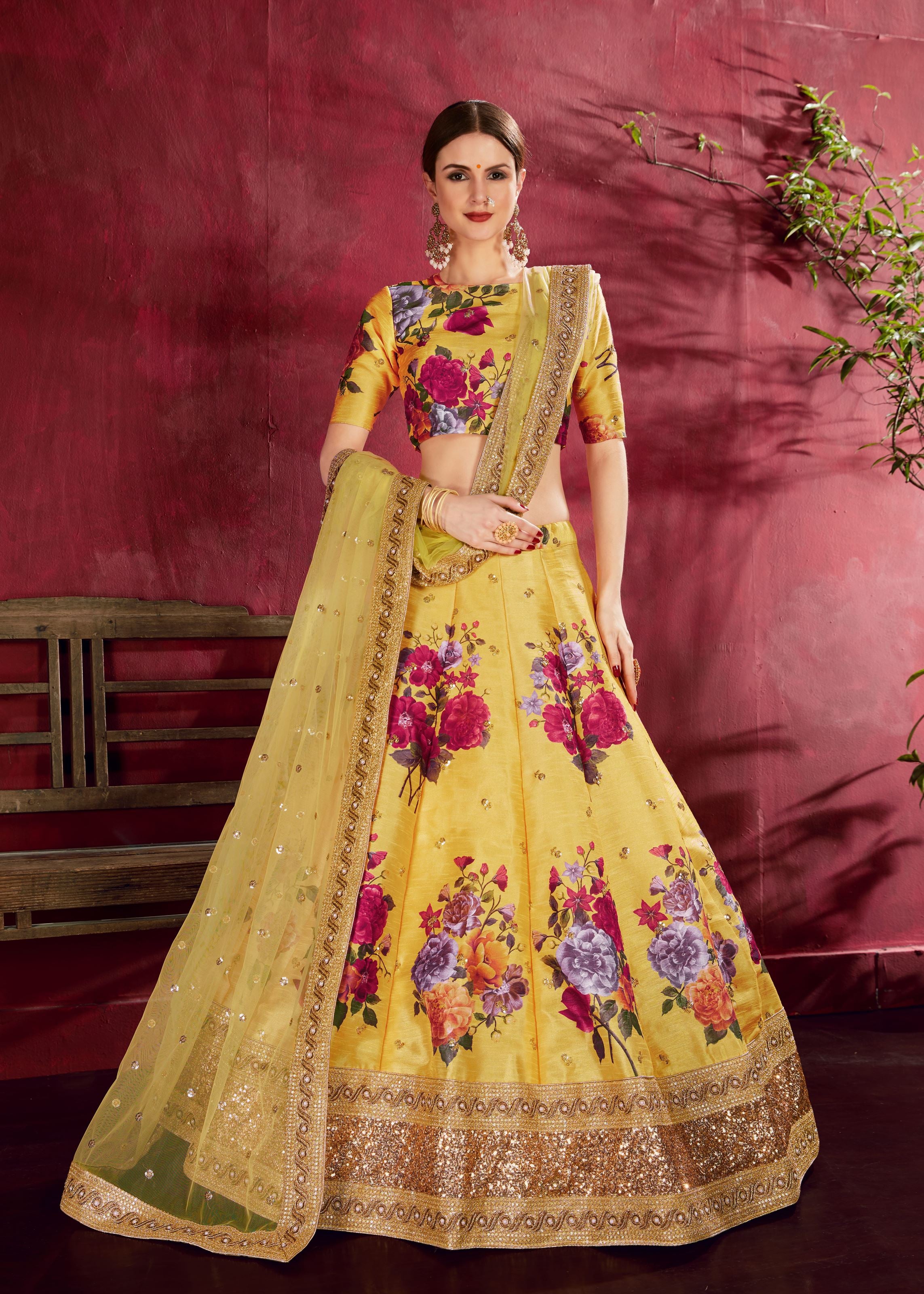 Yellow Lehenga Choli With Floral Print, Dori, Zari And Sequins Embroidery