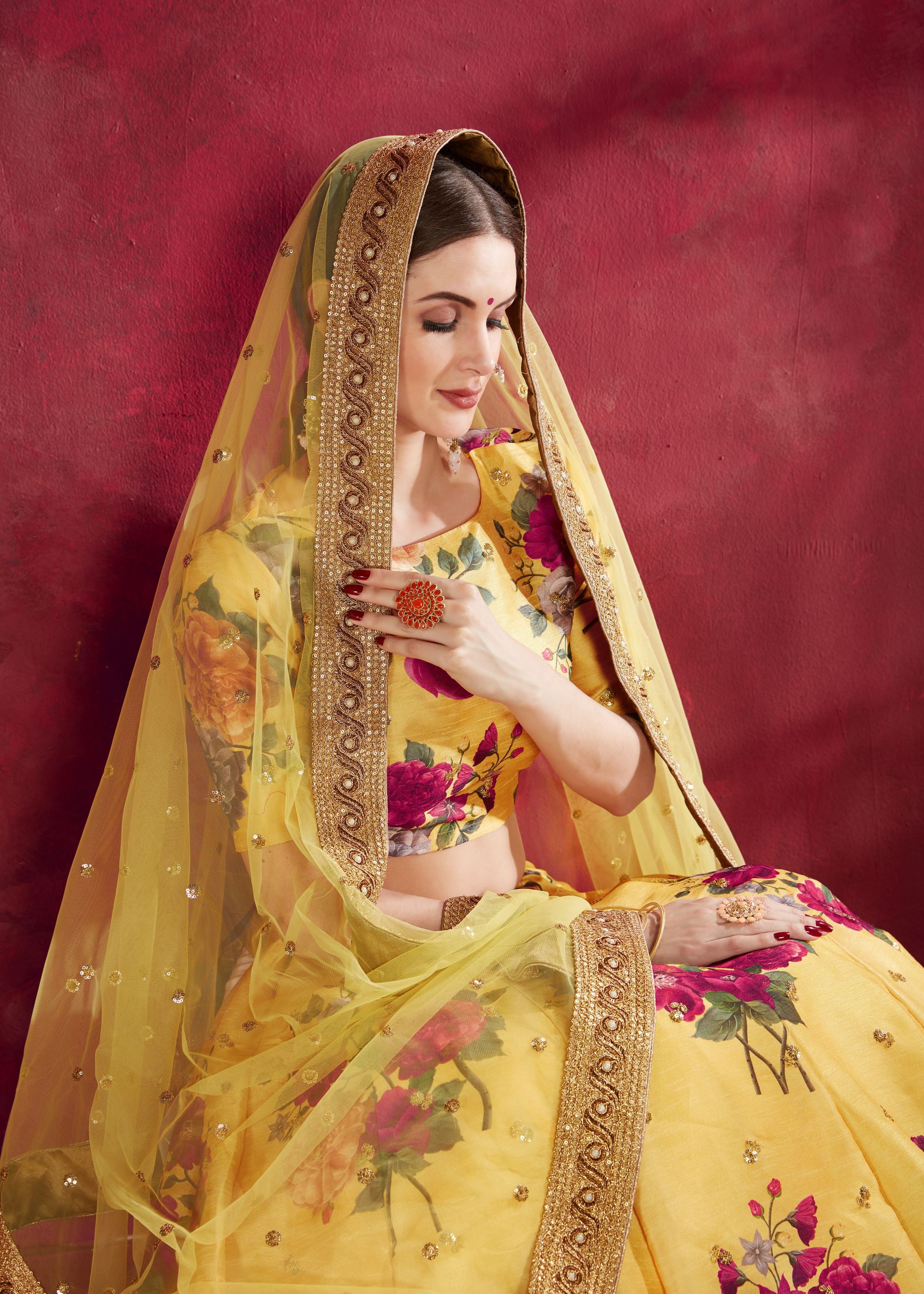 Yellow Lehenga Choli With Floral Print, Dori, Zari And Sequins Embroidery