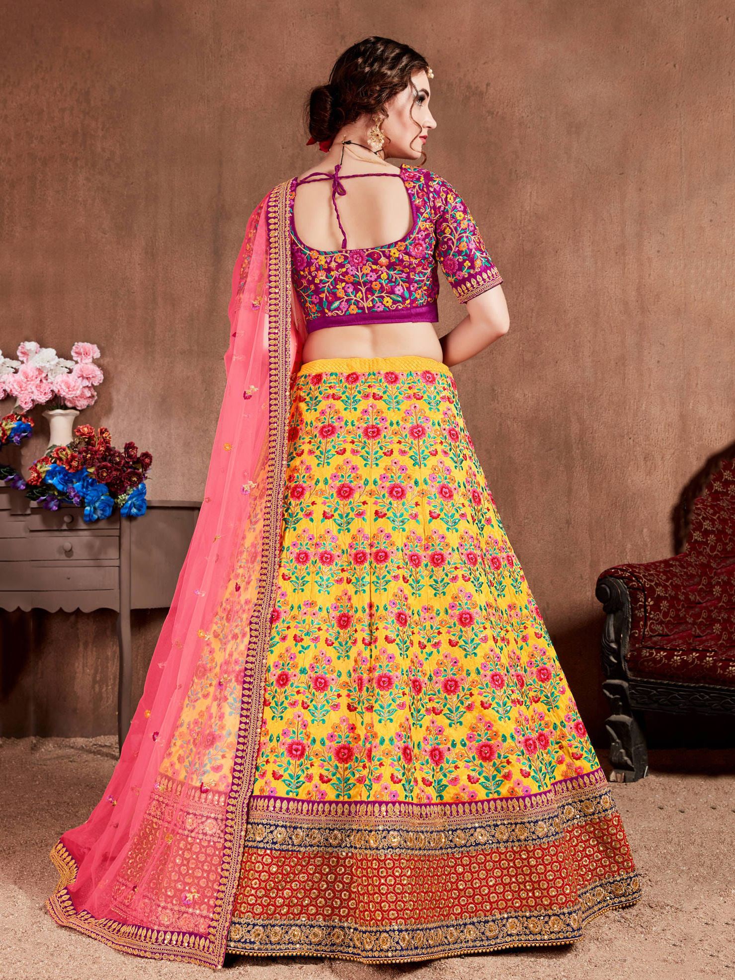 Yellow Lehenga Choli With Thread, Dori, Zari, Sequins Embroidery With Stone Work
