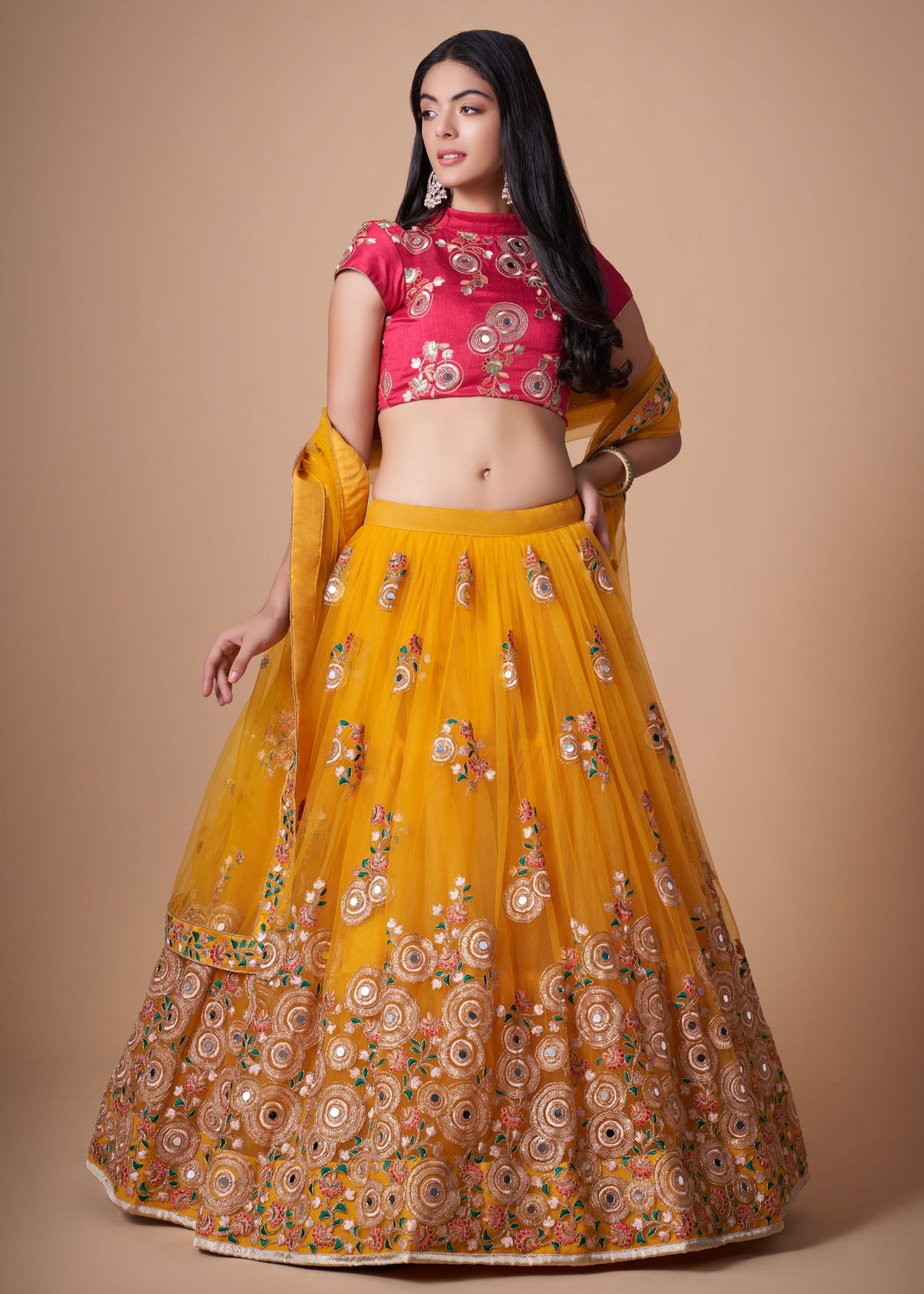 Yellow Lehenga Choli With   Thread, Zari, Dori And Sequins Embroidery With Mirror Work